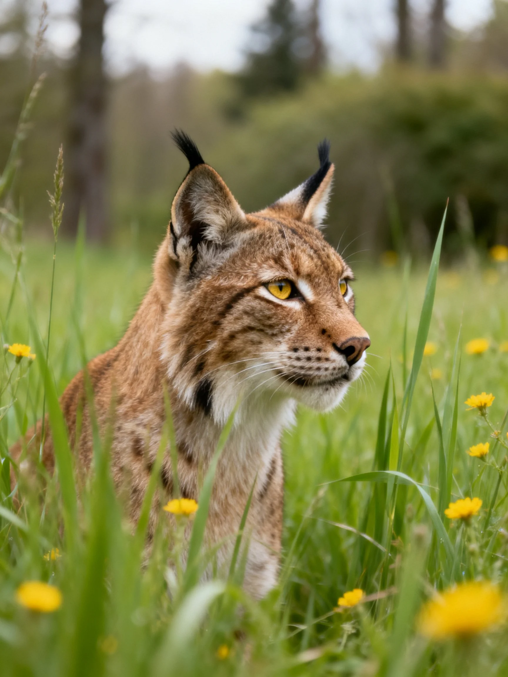 A lynx with black-tufted ears in a yellow-flowered meadow