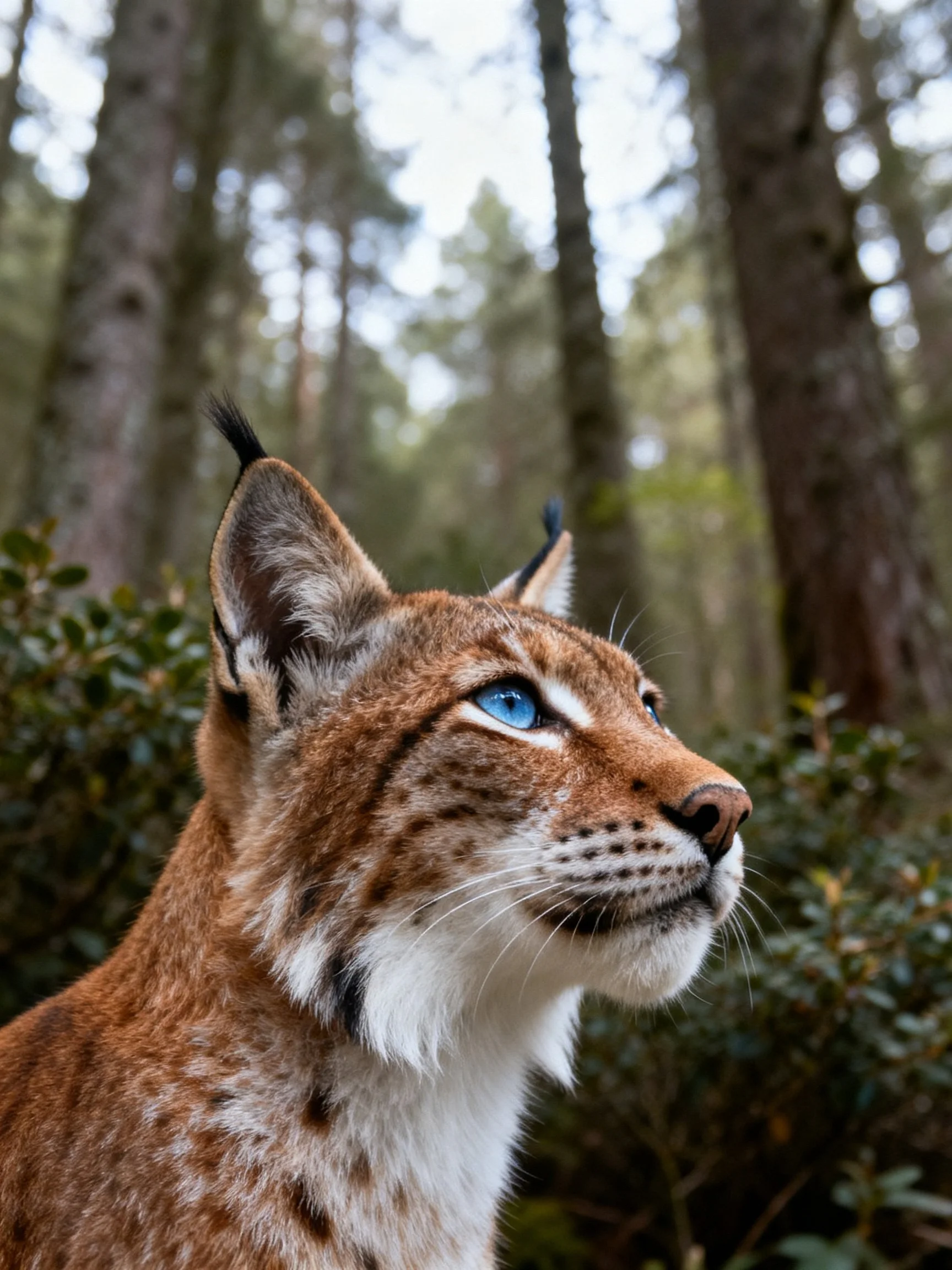 A lynx with bright blue eyes in a forest setting