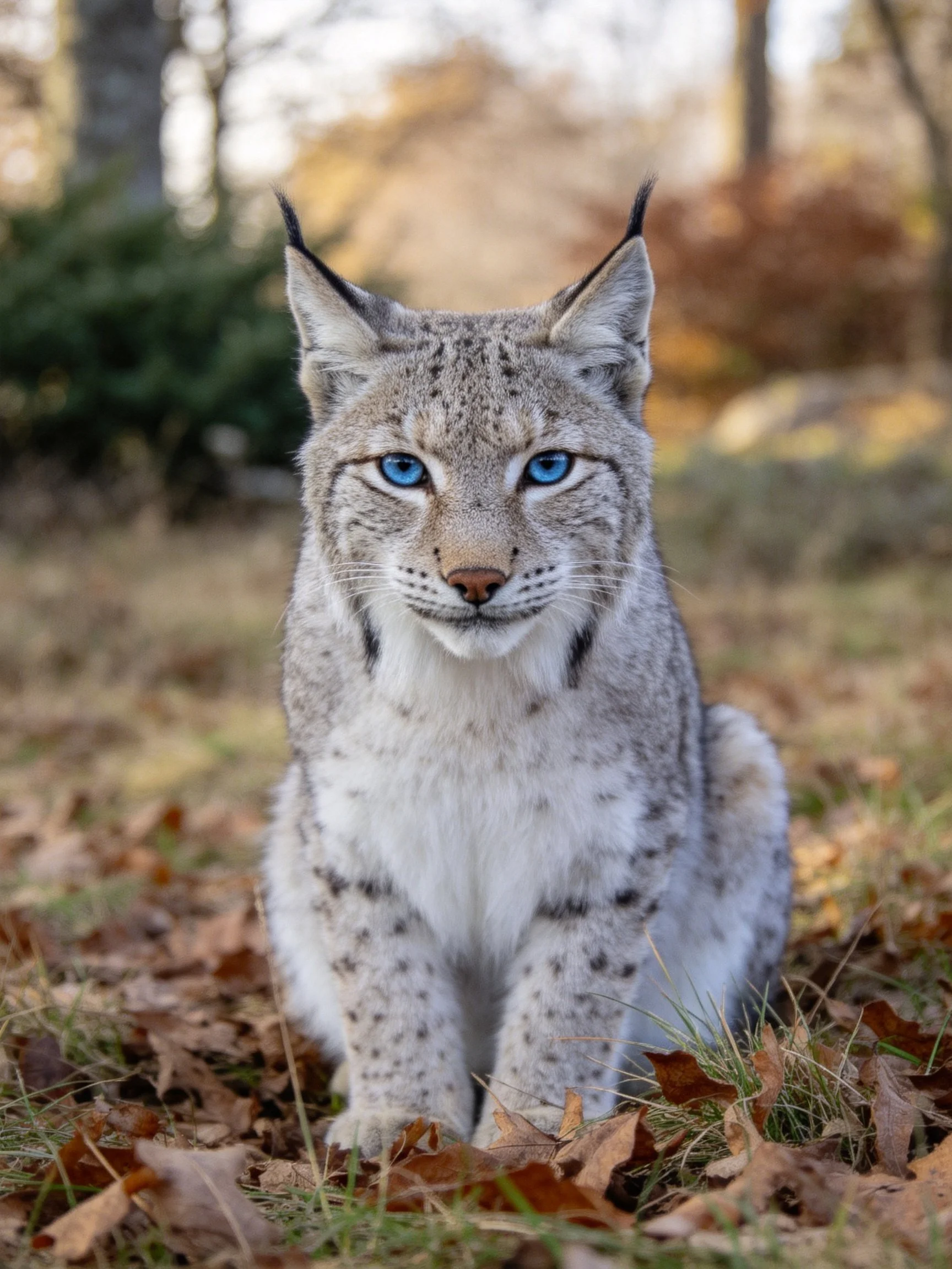 A lynx with bright blue eyes sits among fallen autumn leaves