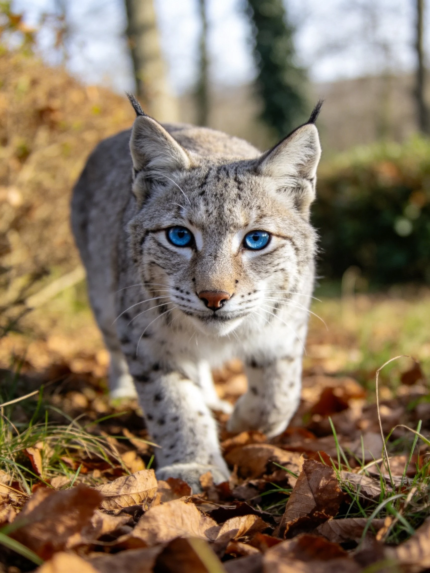 A lynx with bright blue eyes walks through autumn leaves