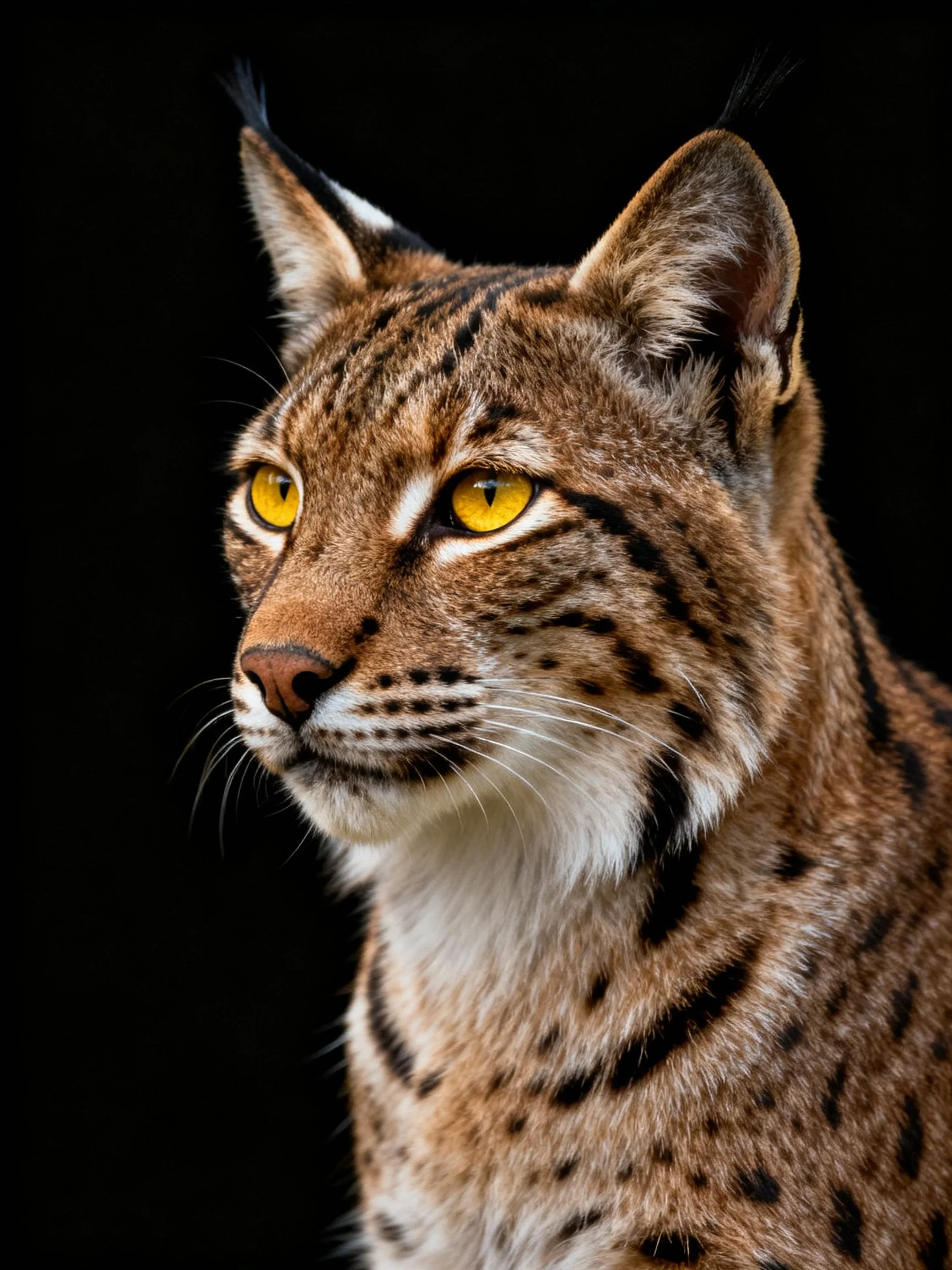 A lynx with bright yellow eyes and brown spotted fur