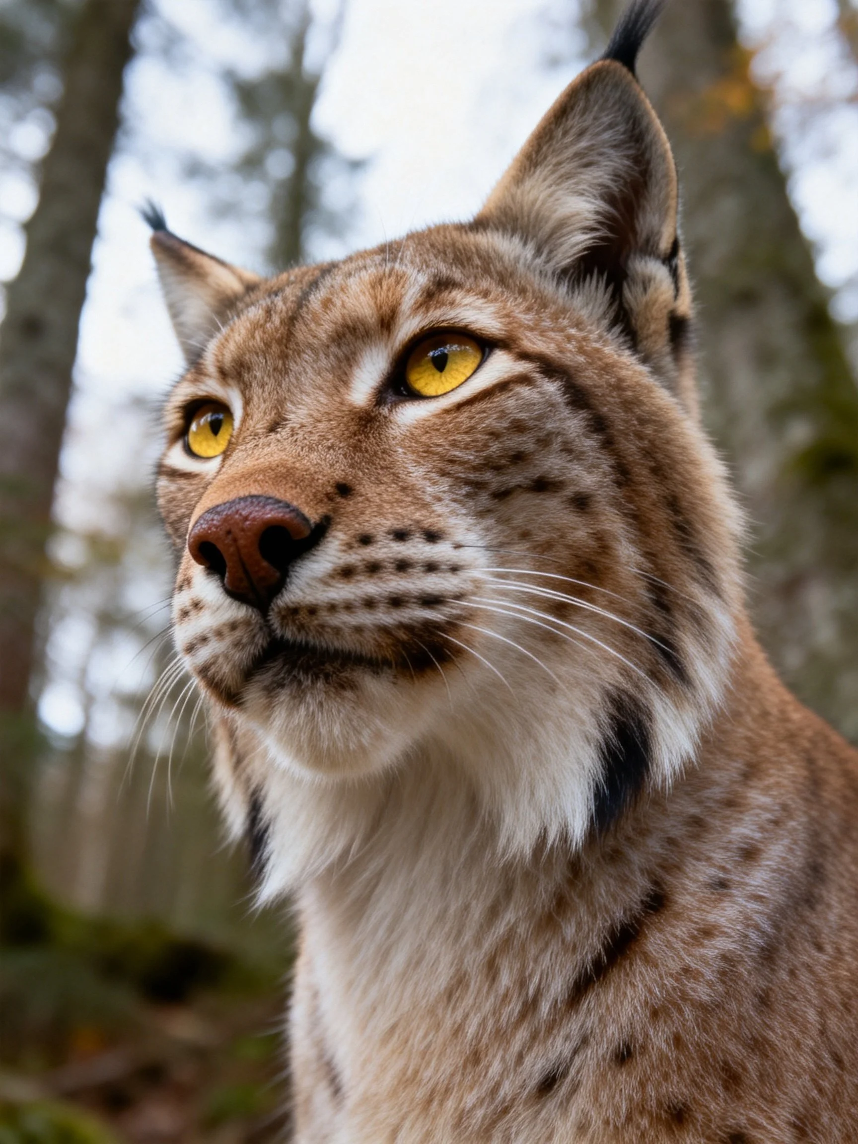 A lynx with bright yellow eyes in a forest backdrop