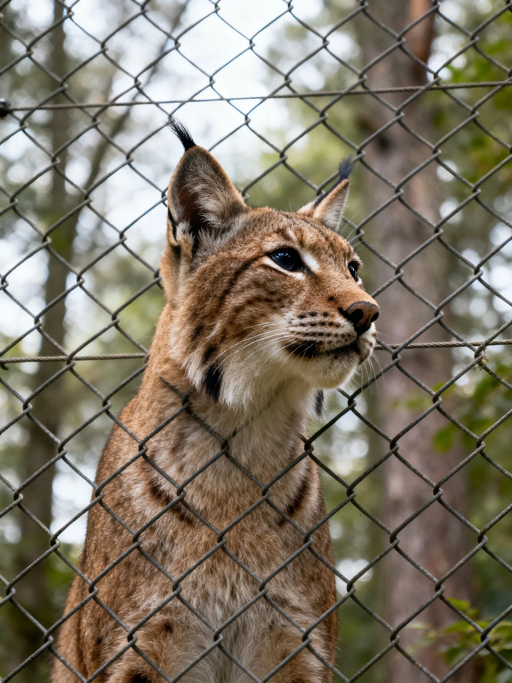 A lynx with brown spotted fur behind a chain-link fence