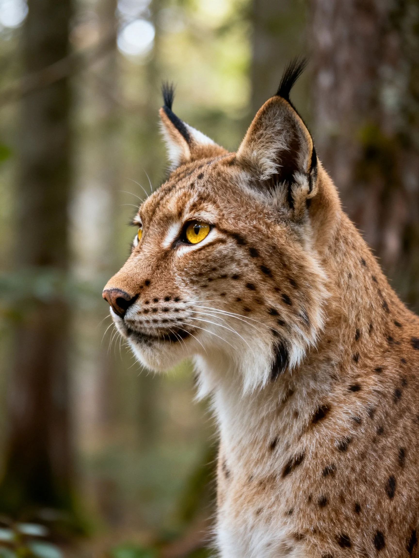 A lynx with brown spotted fur in a forest setting