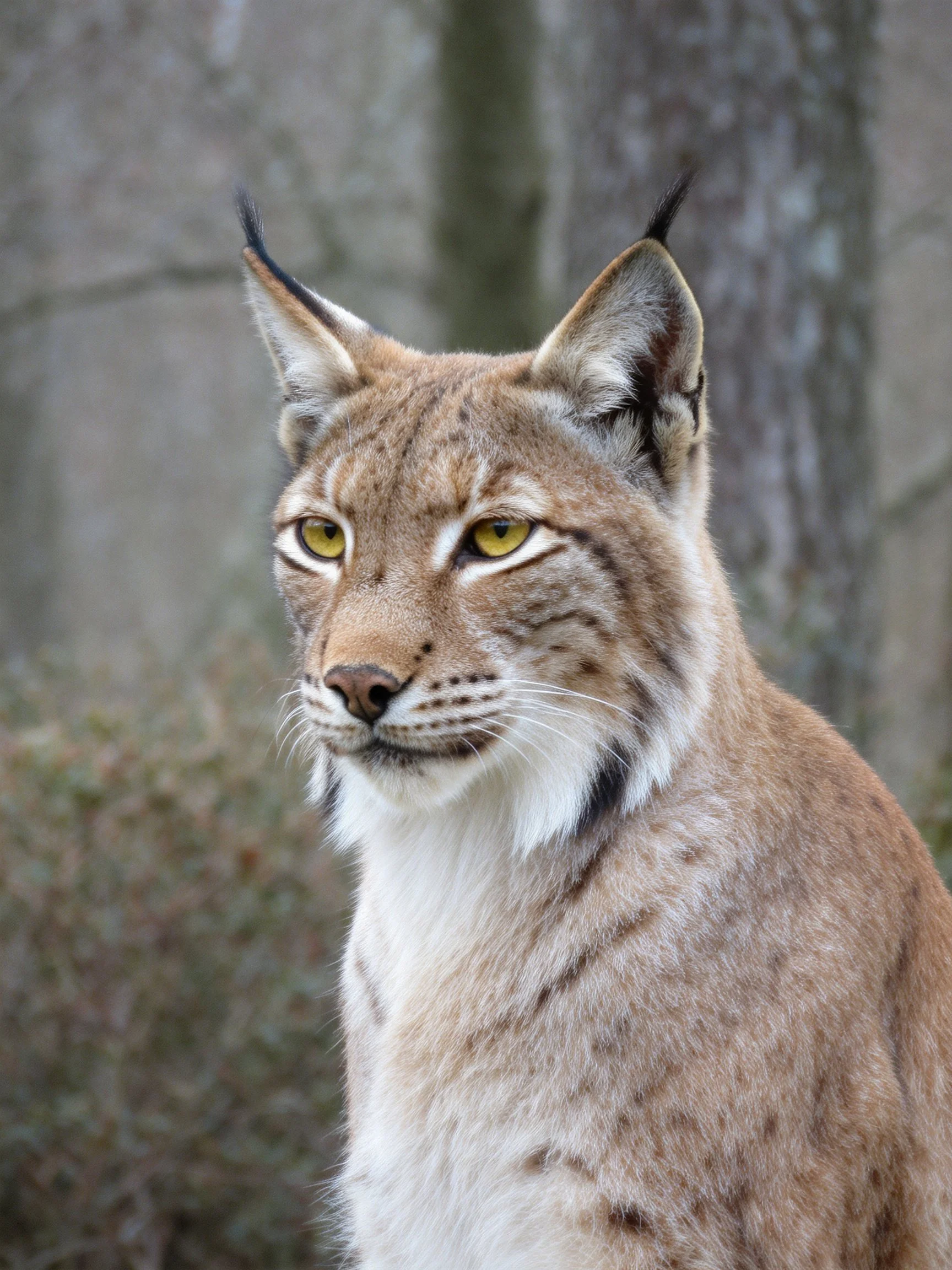 A lynx with ear tufts and golden eyes in a forest