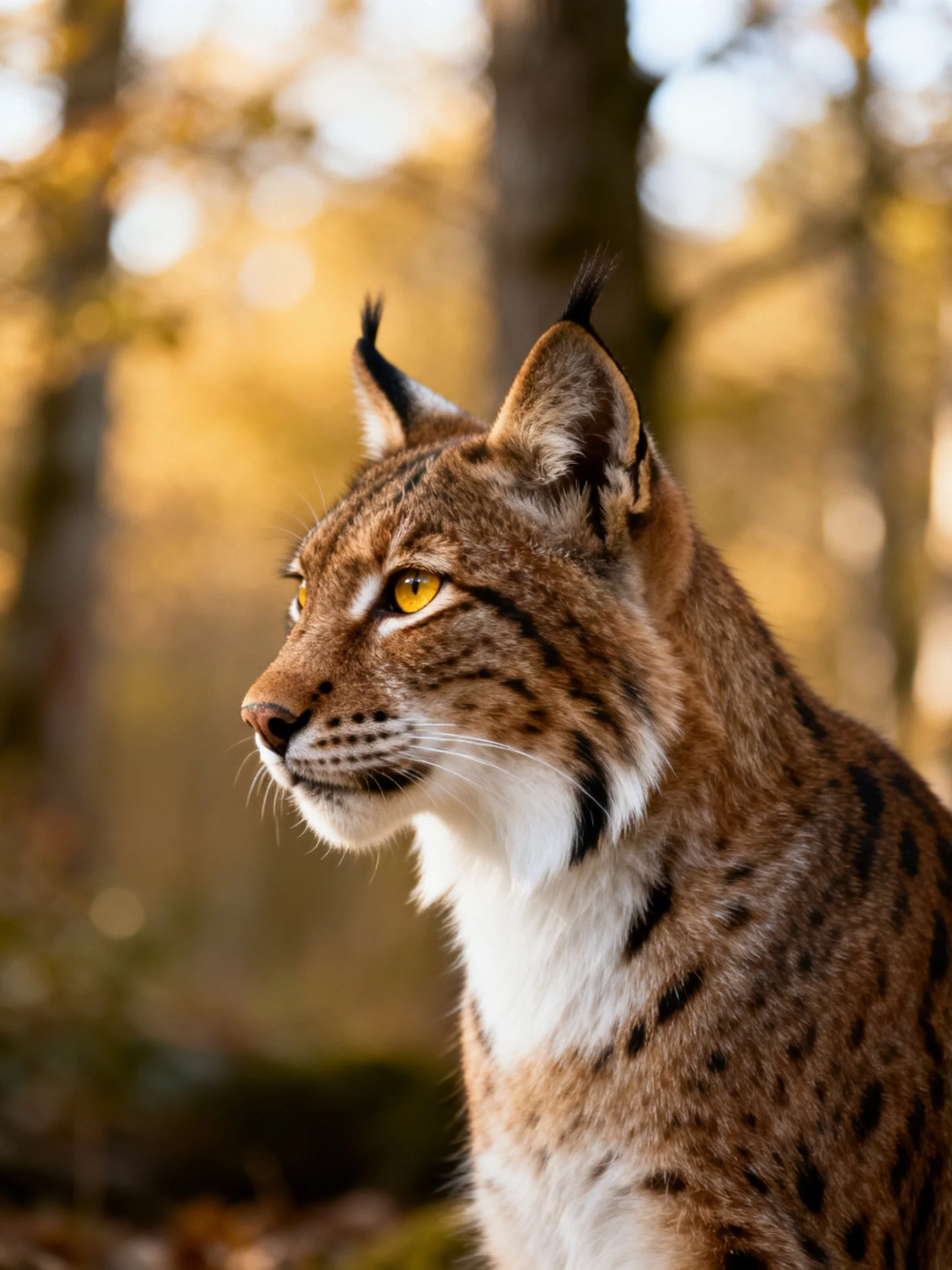 A lynx with golden eyes in a sun-dappled forest