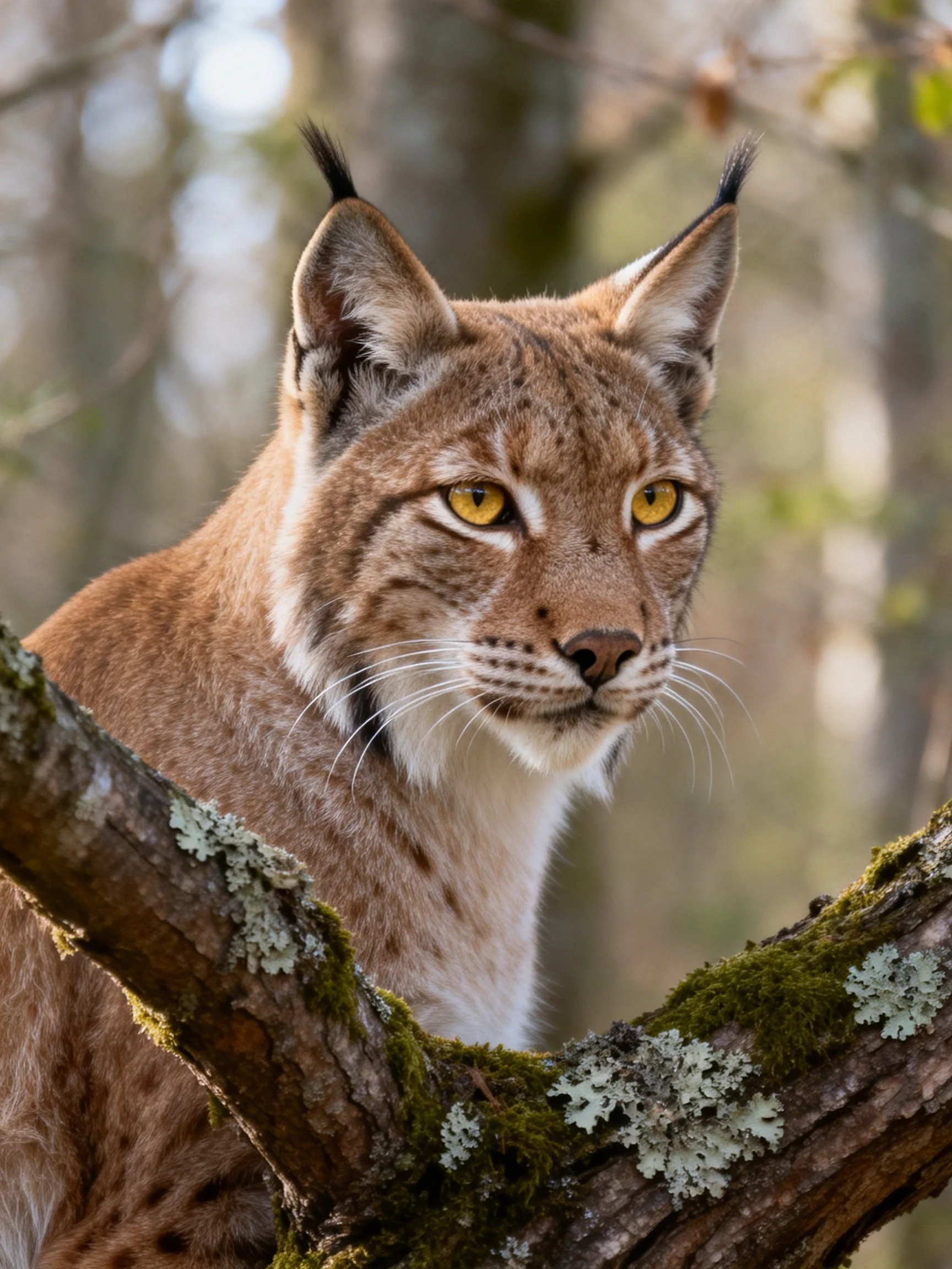 A lynx with golden eyes perched on a moss-covered branch