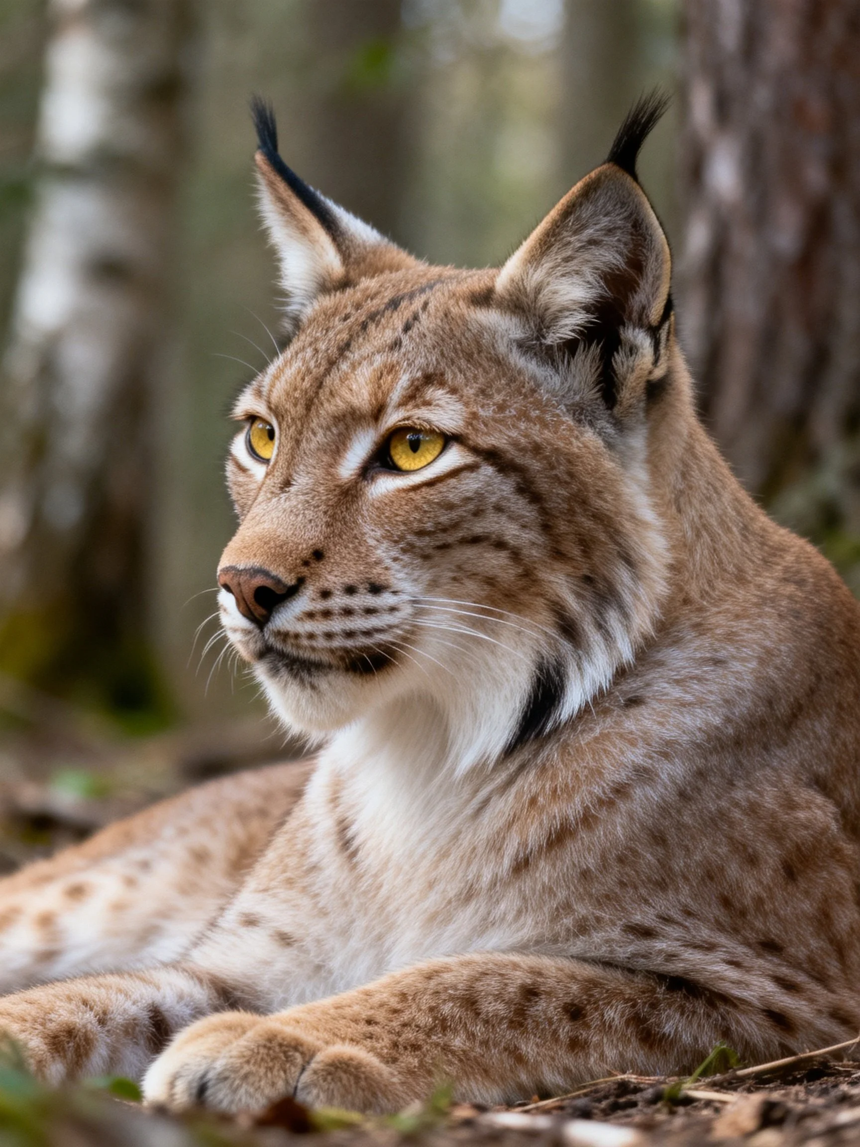 A lynx with golden eyes rests amid forest trees
