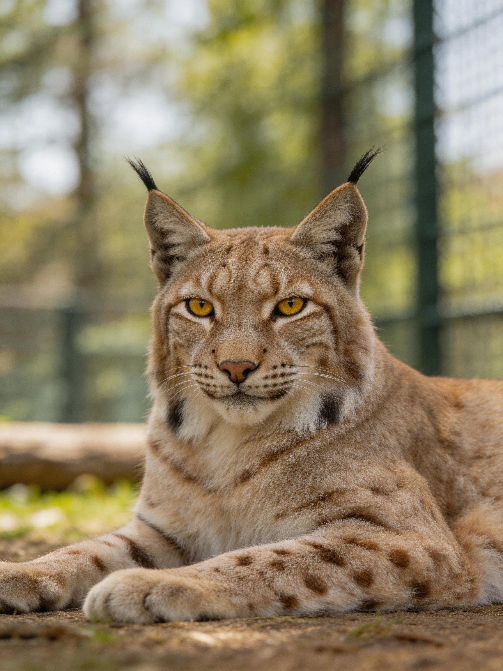 A lynx with golden eyes rests on dirt near greenery