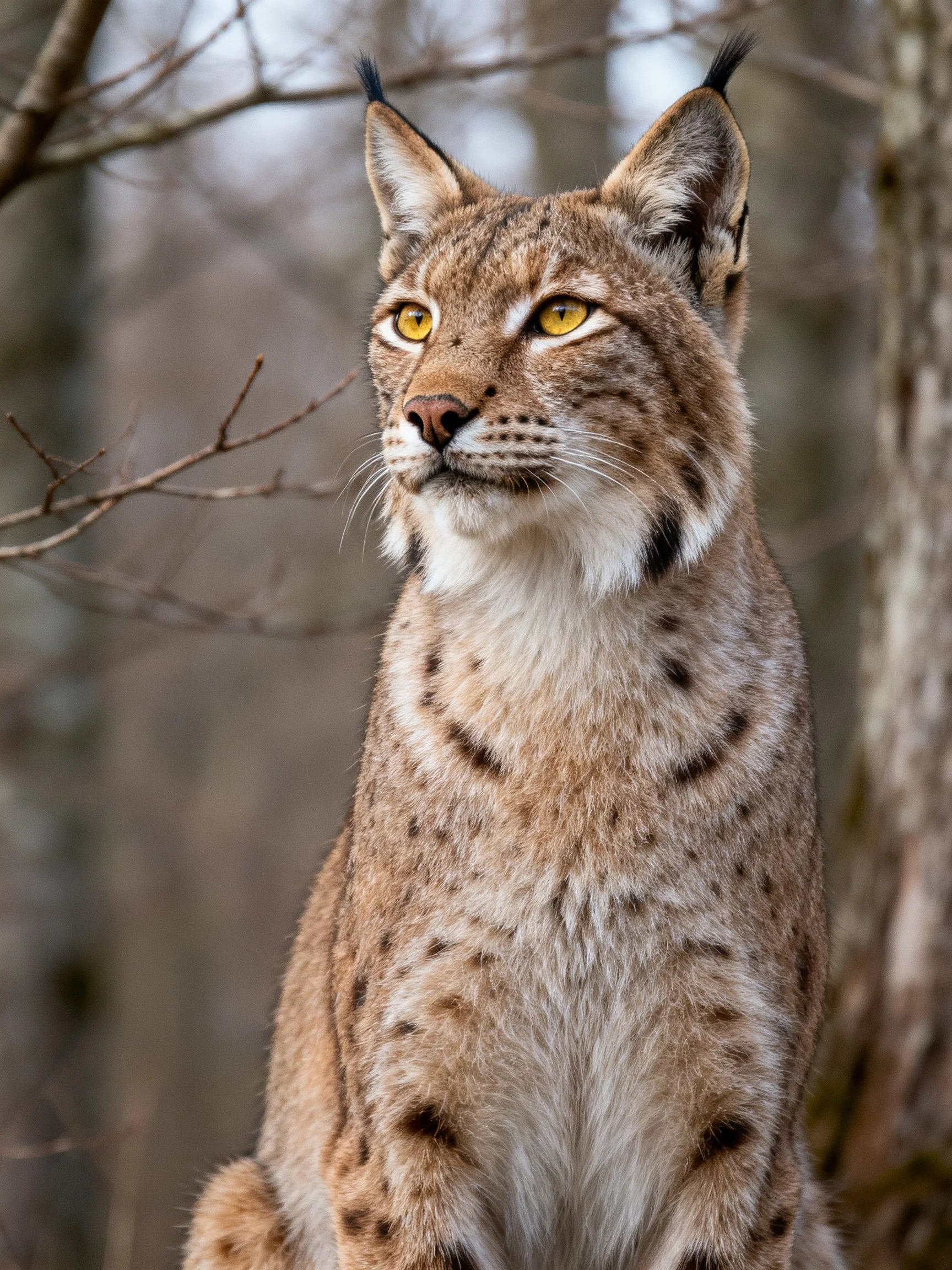 A lynx with golden eyes sits alert among bare trees