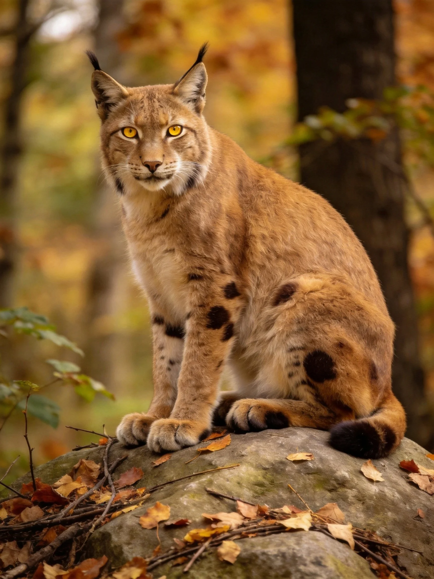 A lynx with golden eyes sits on a leaf-laden rock in autumn woods
