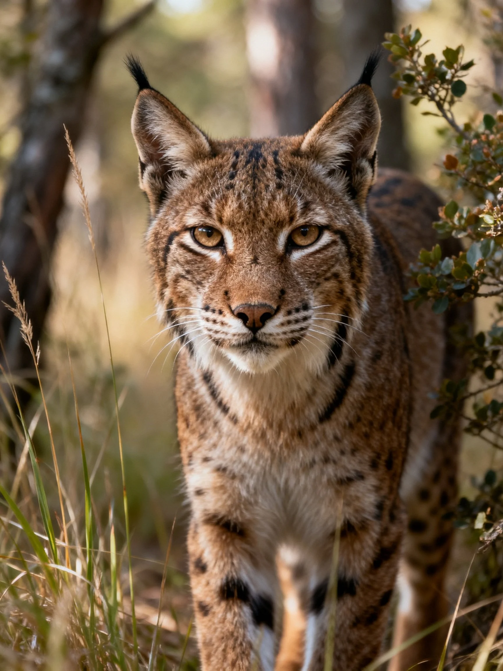 A lynx with spotted fur in a sunlit woodland