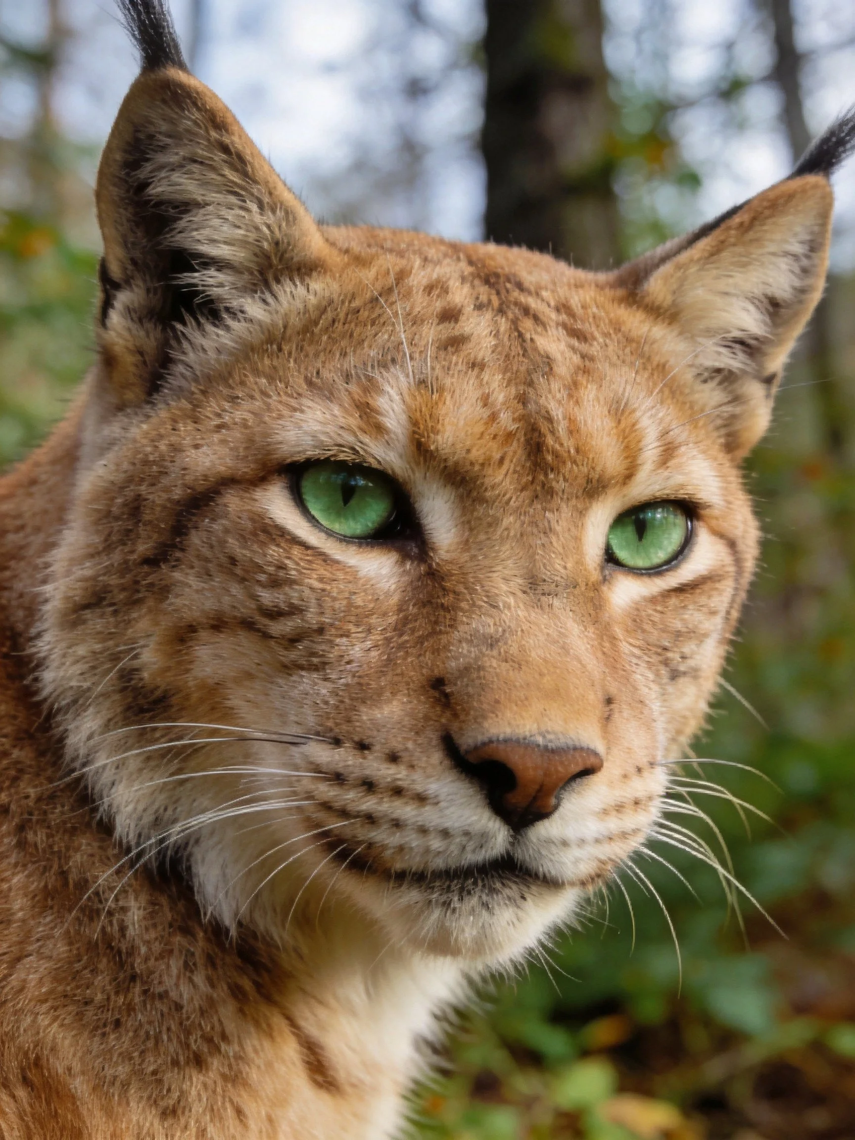 A lynx with striking green eyes in a forest landscape