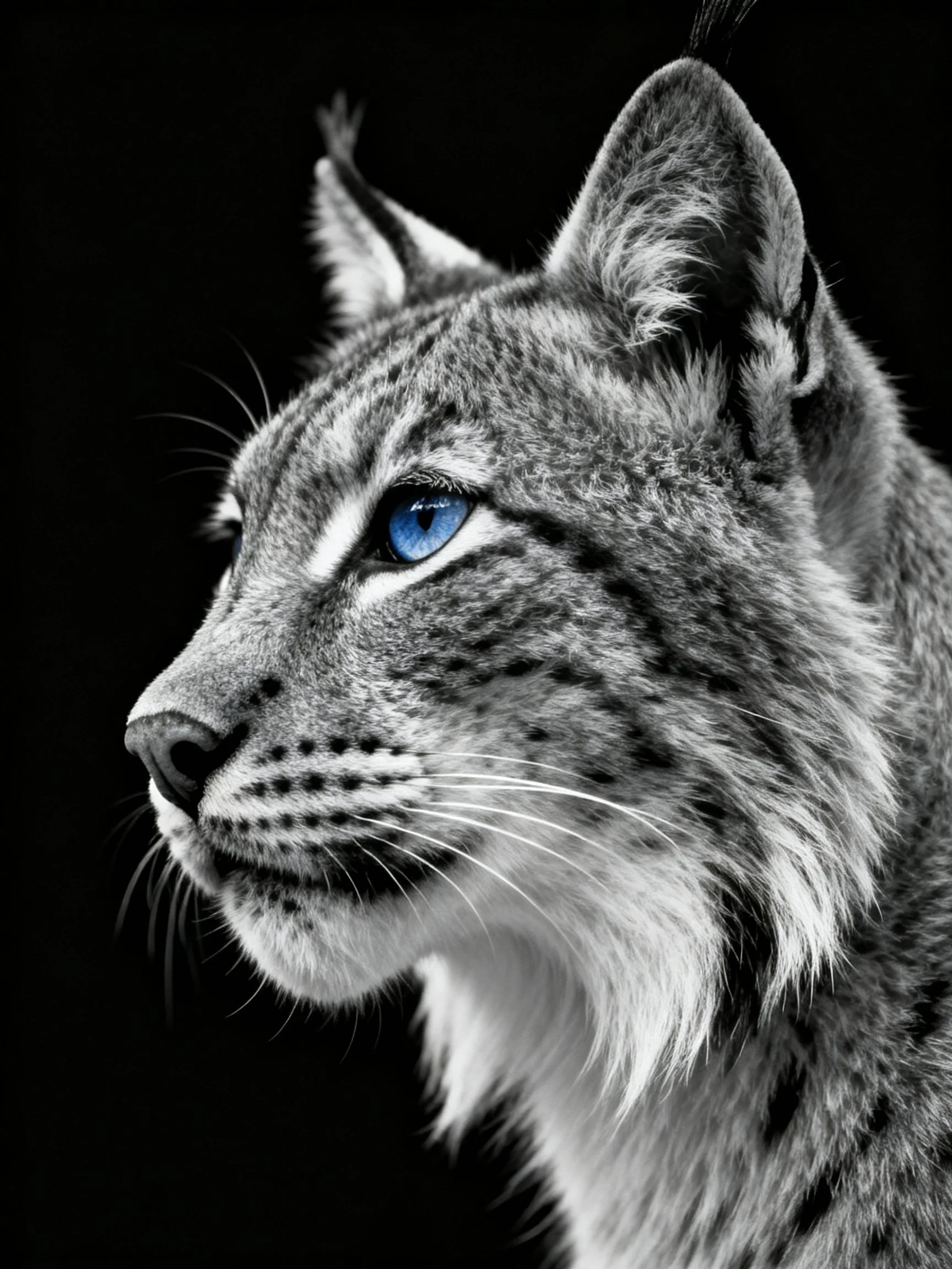 A lynx with a vivid blue eye is depicted in a dramatic monochrome portrait.