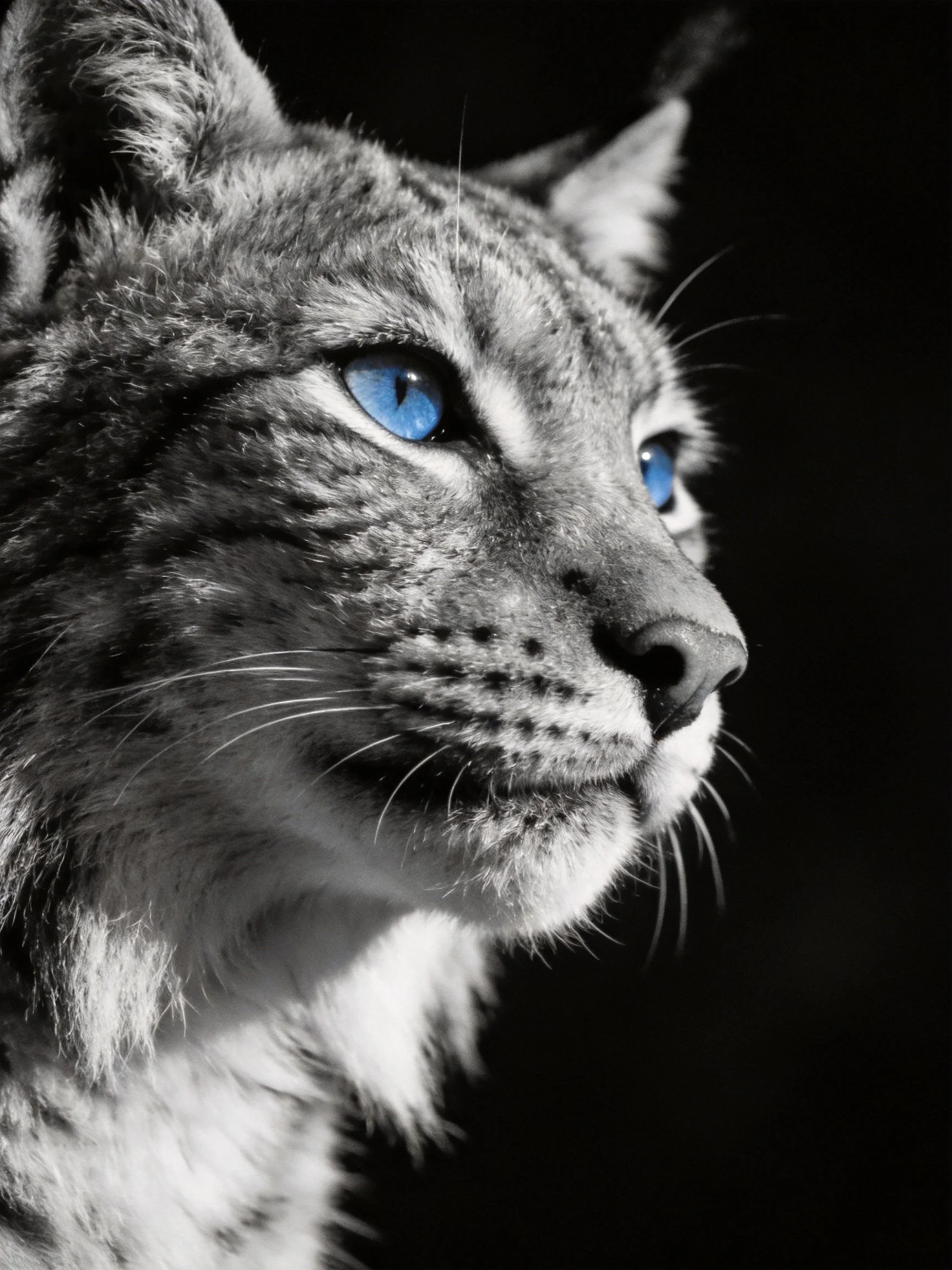 A lynx with vivid blue eyes in monochrome lighting