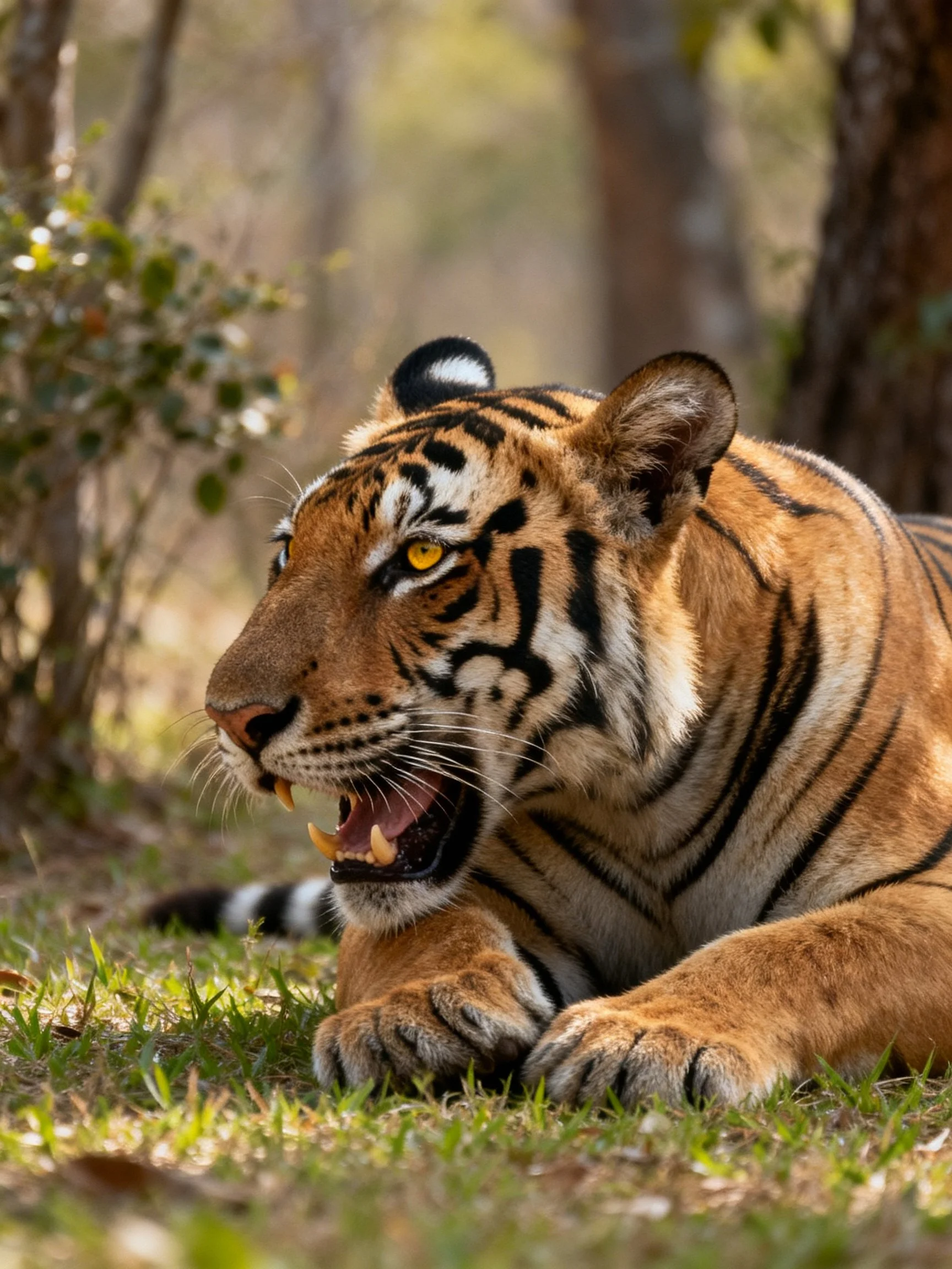 A tiger rests in a sunlit forest clearing.