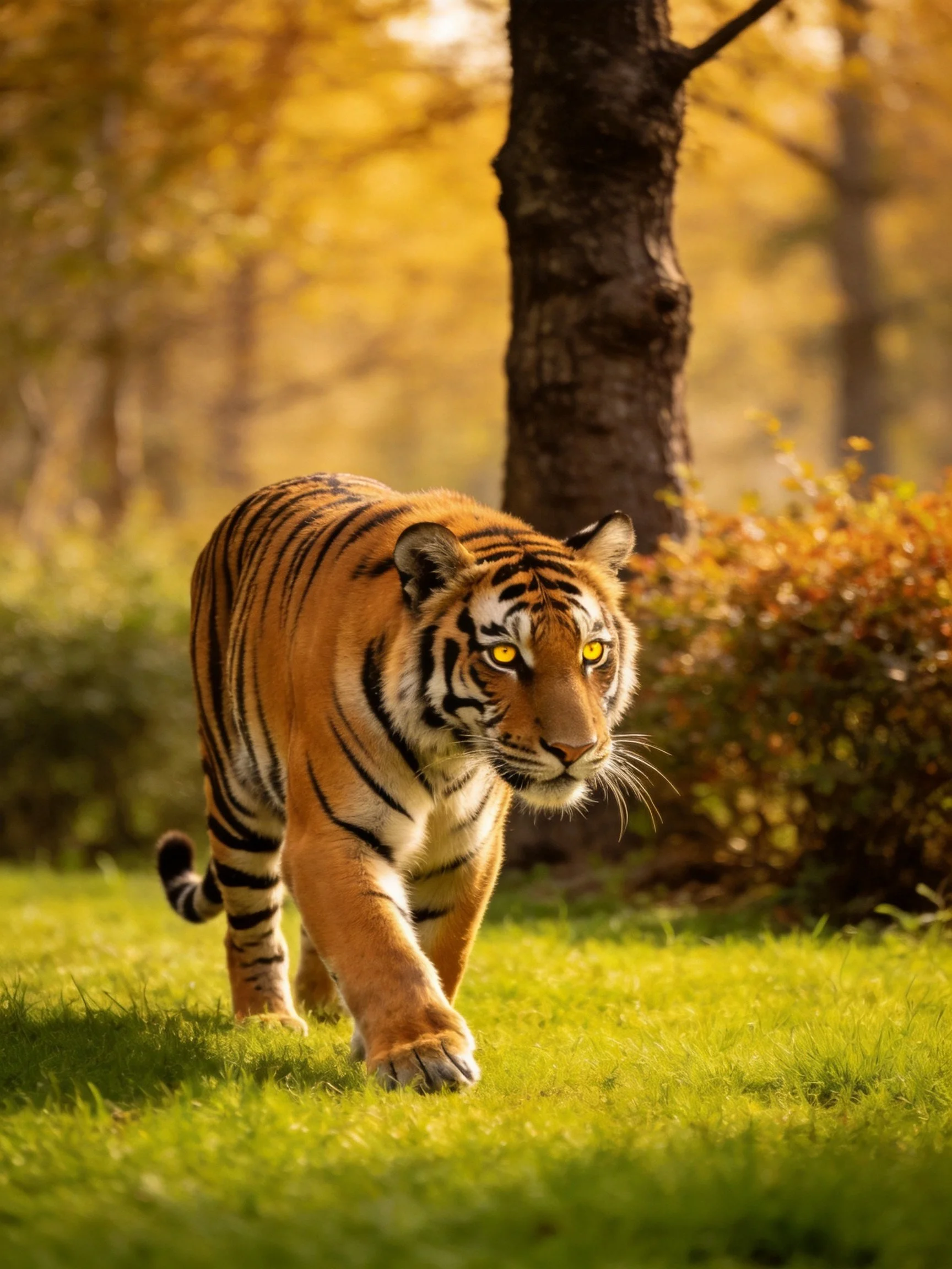 A tiger moves through a sunlit autumnal landscape with trees and greenery
