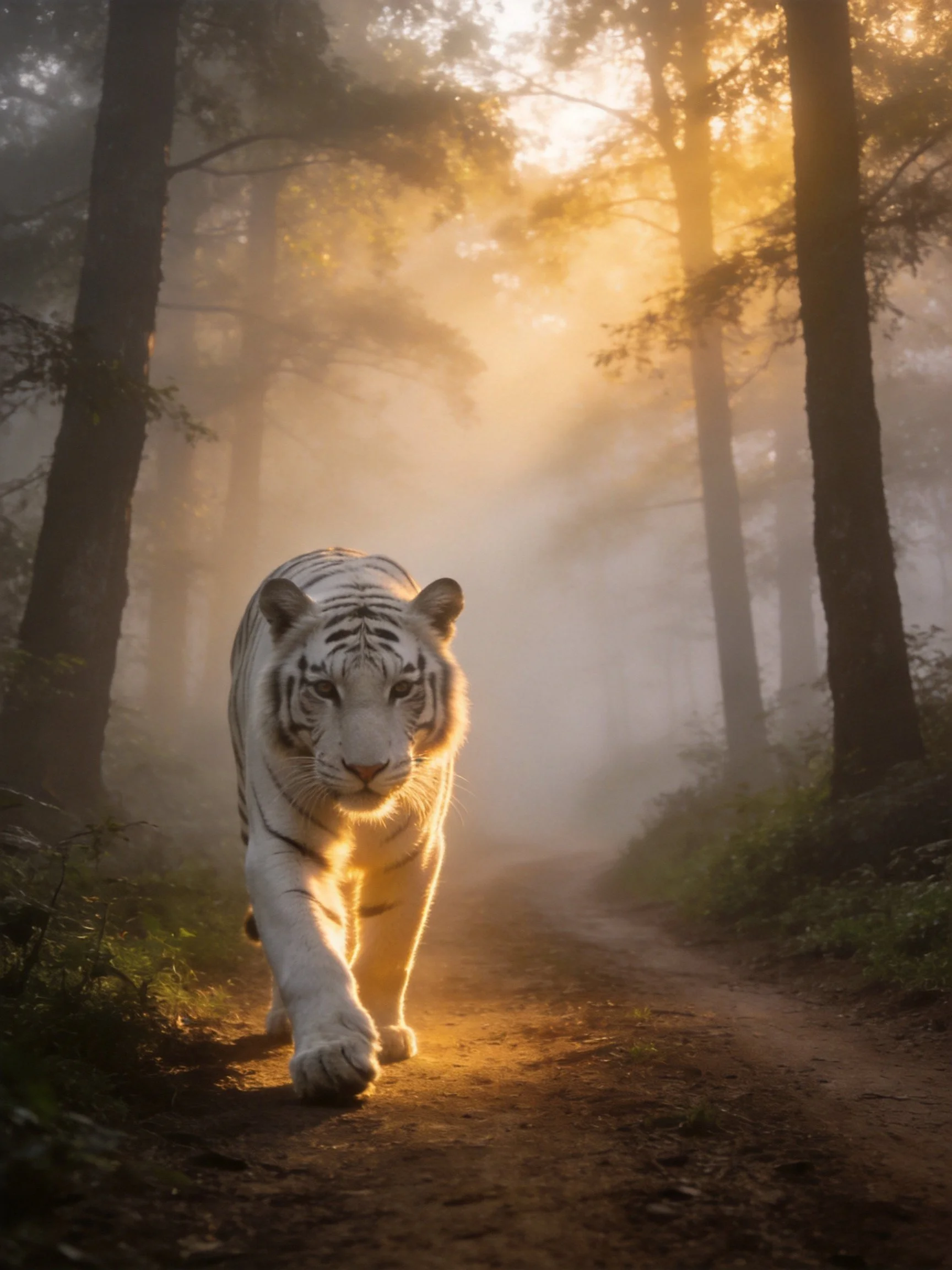 A majestic white tiger strides along a sun-drenched forest path through mist.