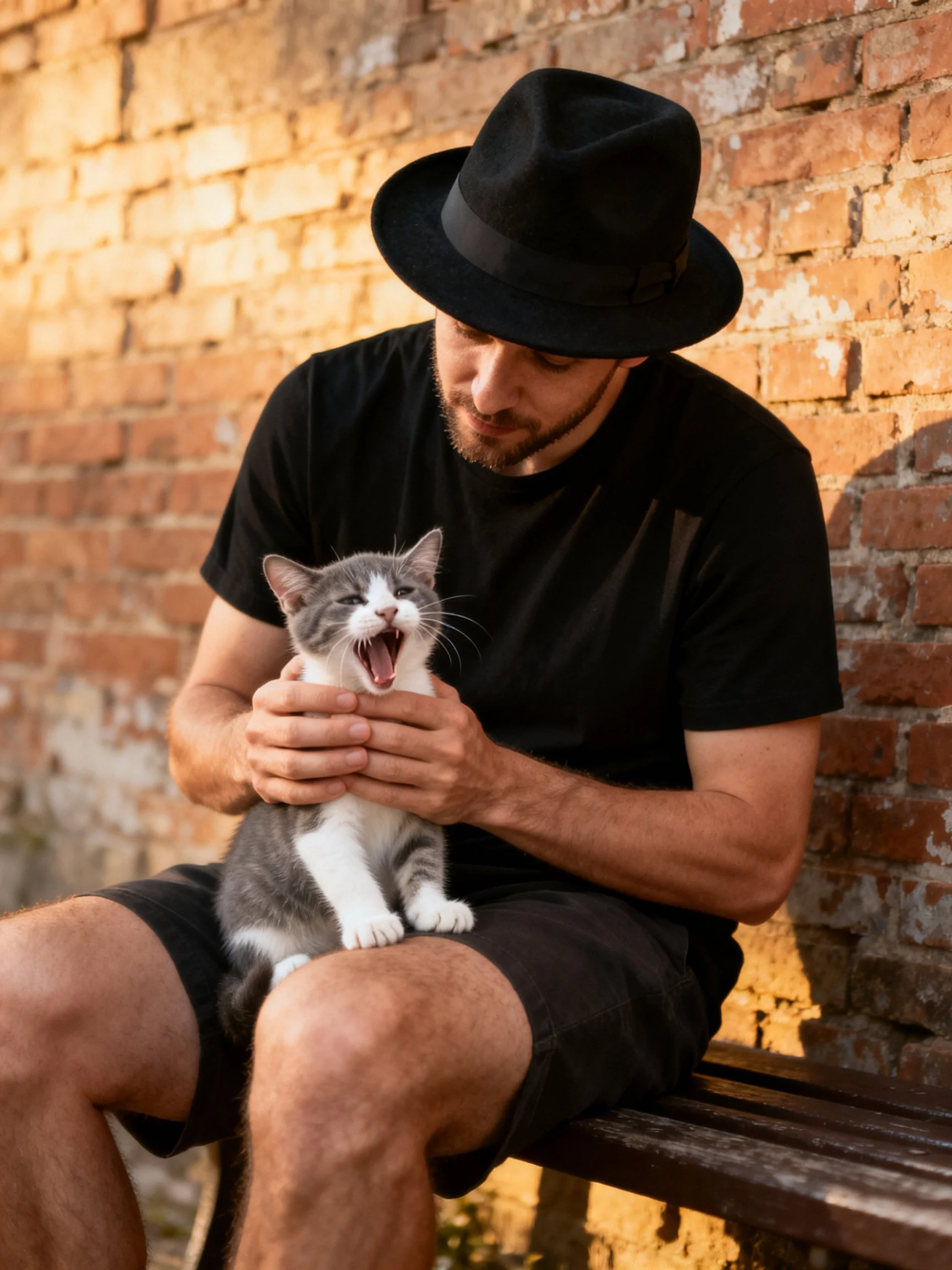 A man in dark clothes holds a yawning gray-and-white kitten near an aged brick wall.