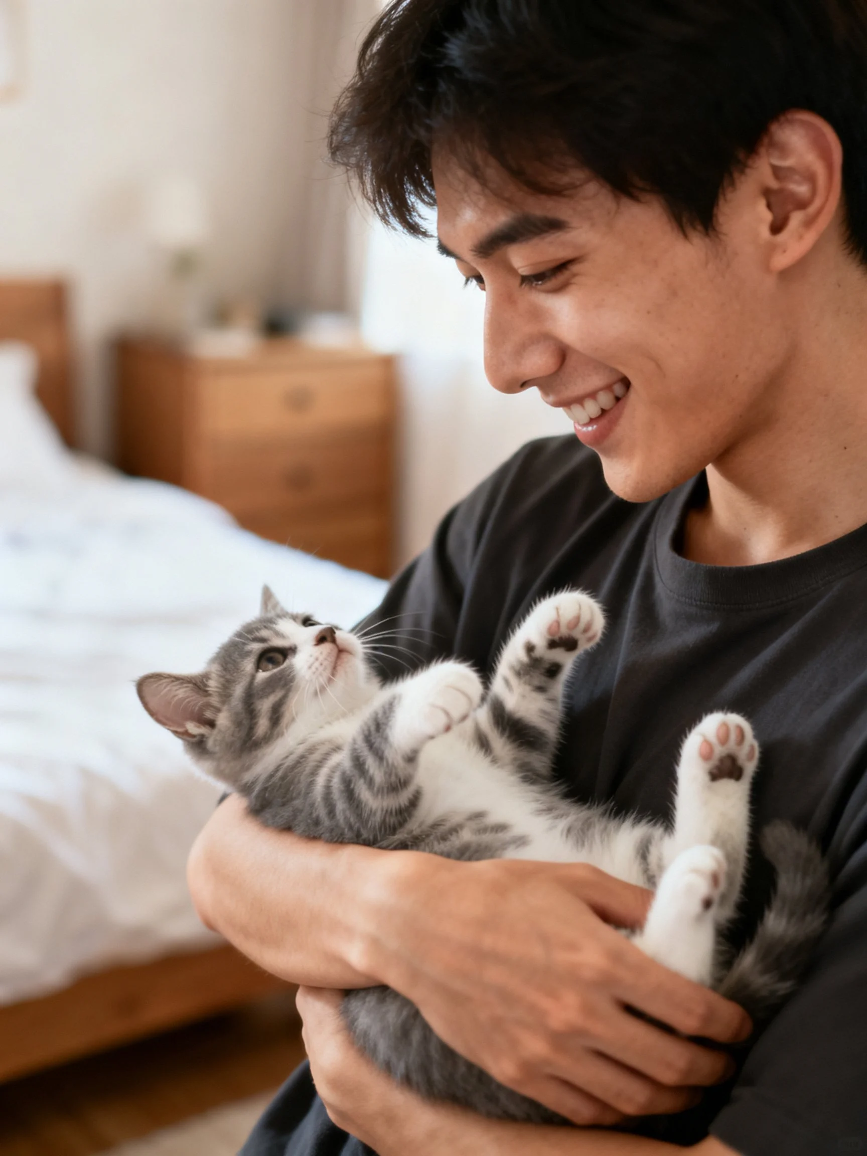 A man in a dark shirt holds a gray and white tabby kitten in a cozy bedroom