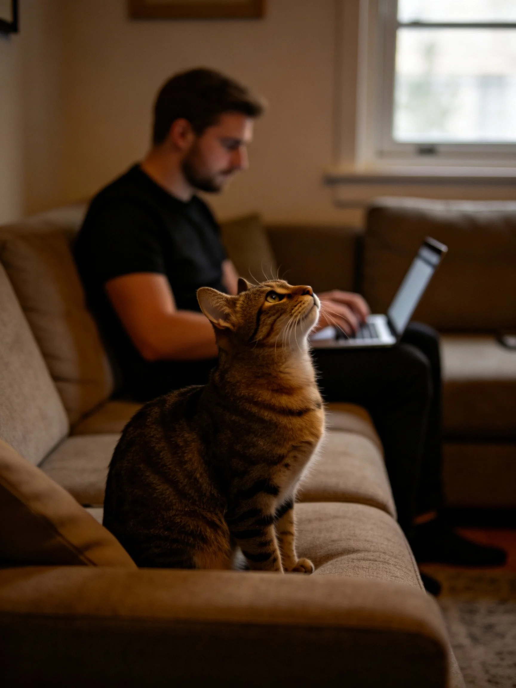 A man uses a laptop on a brown couch with a tabby cat nearby