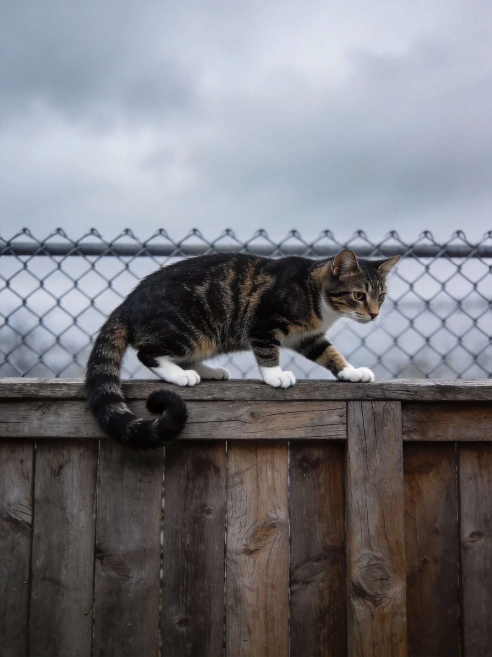 A multi - colored tabby cat perches on an aged wooden fence