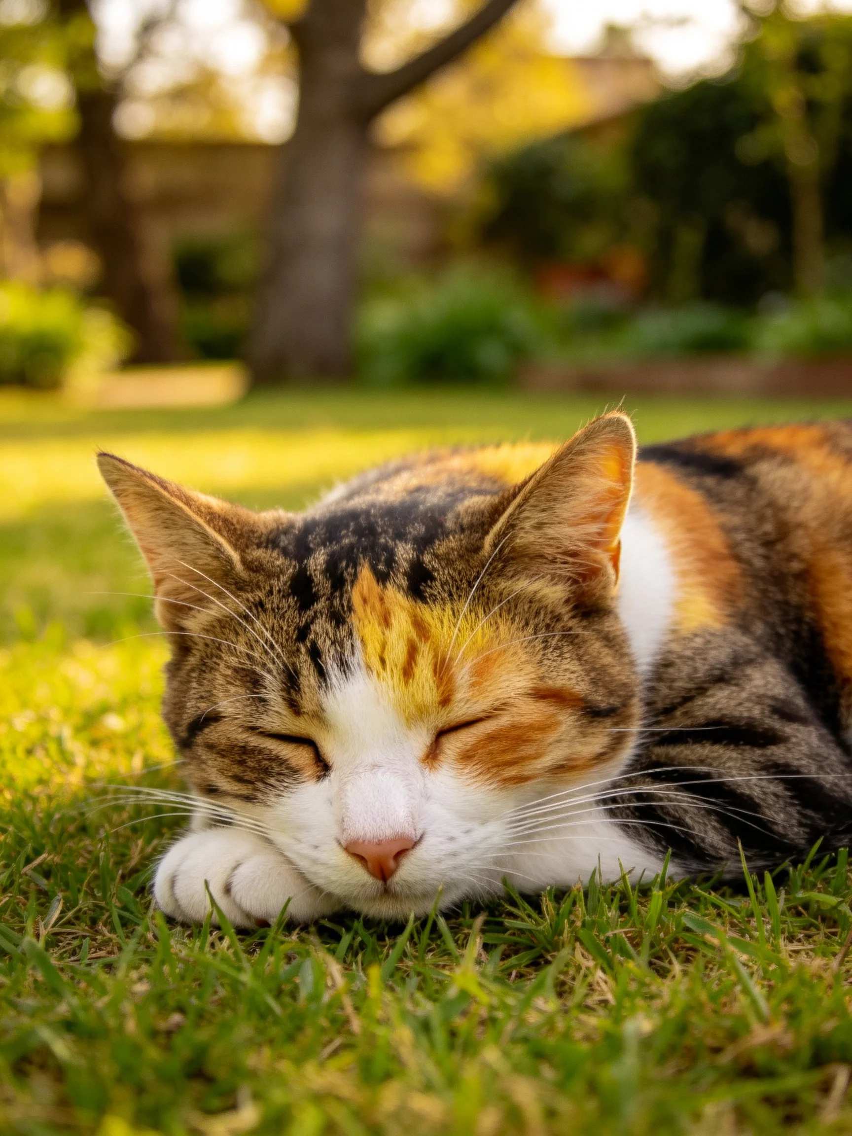 A multicolored calico cat resting on grass in a sunlit garden