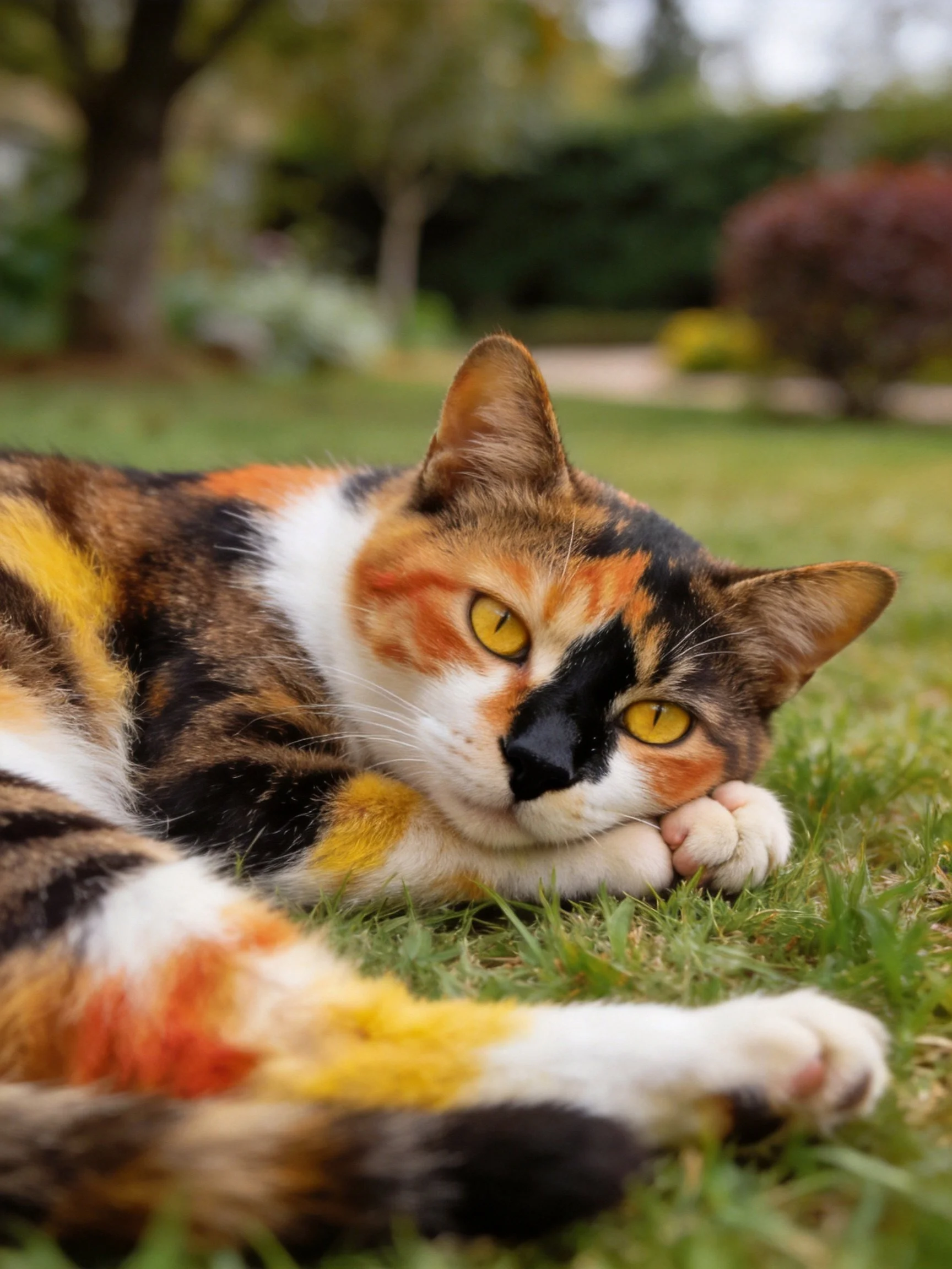 A multicolored calico cat resting on green grass in a garden