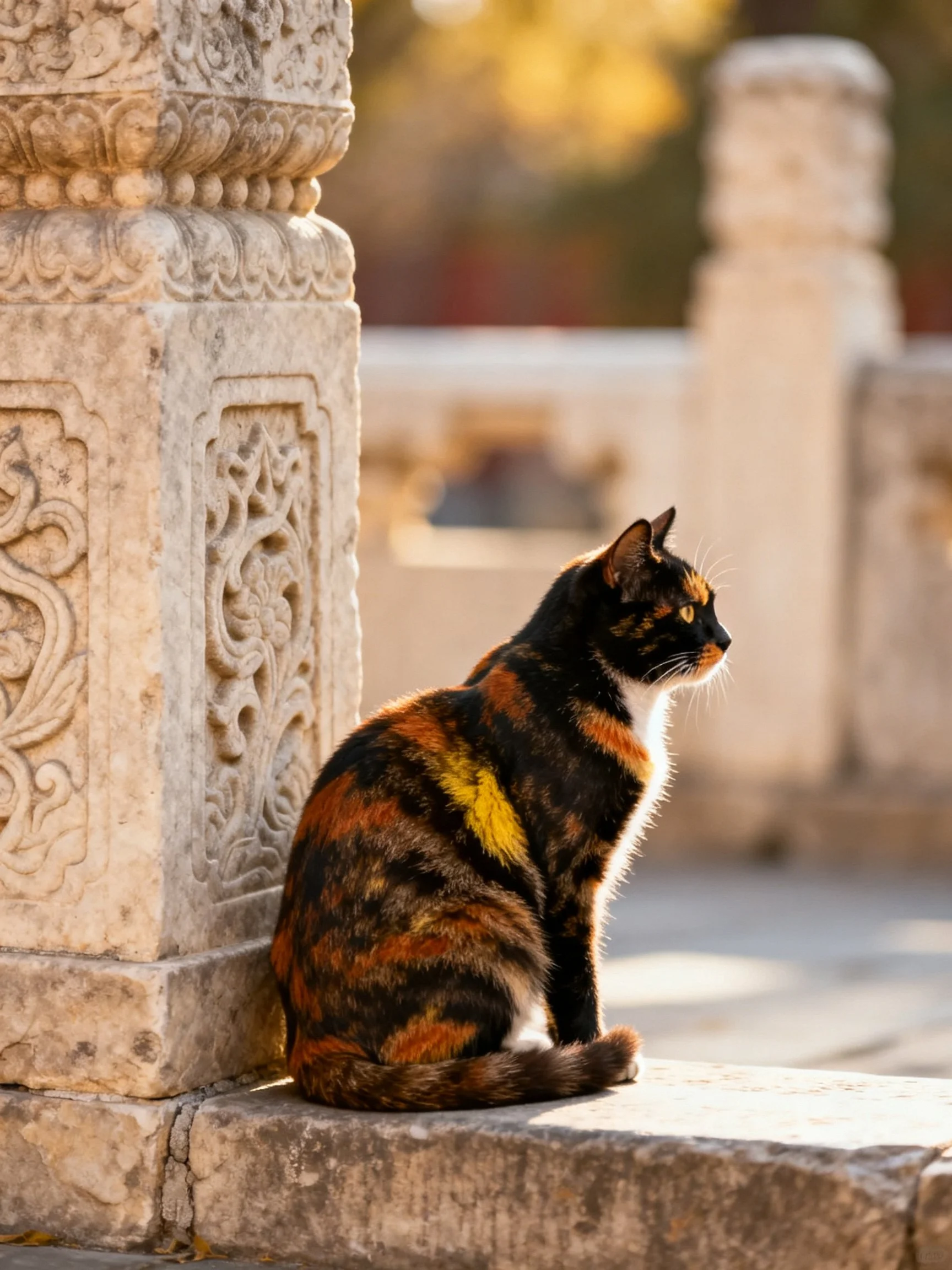 A multicolored calico cat sits near ancient stone architecture in sunlight