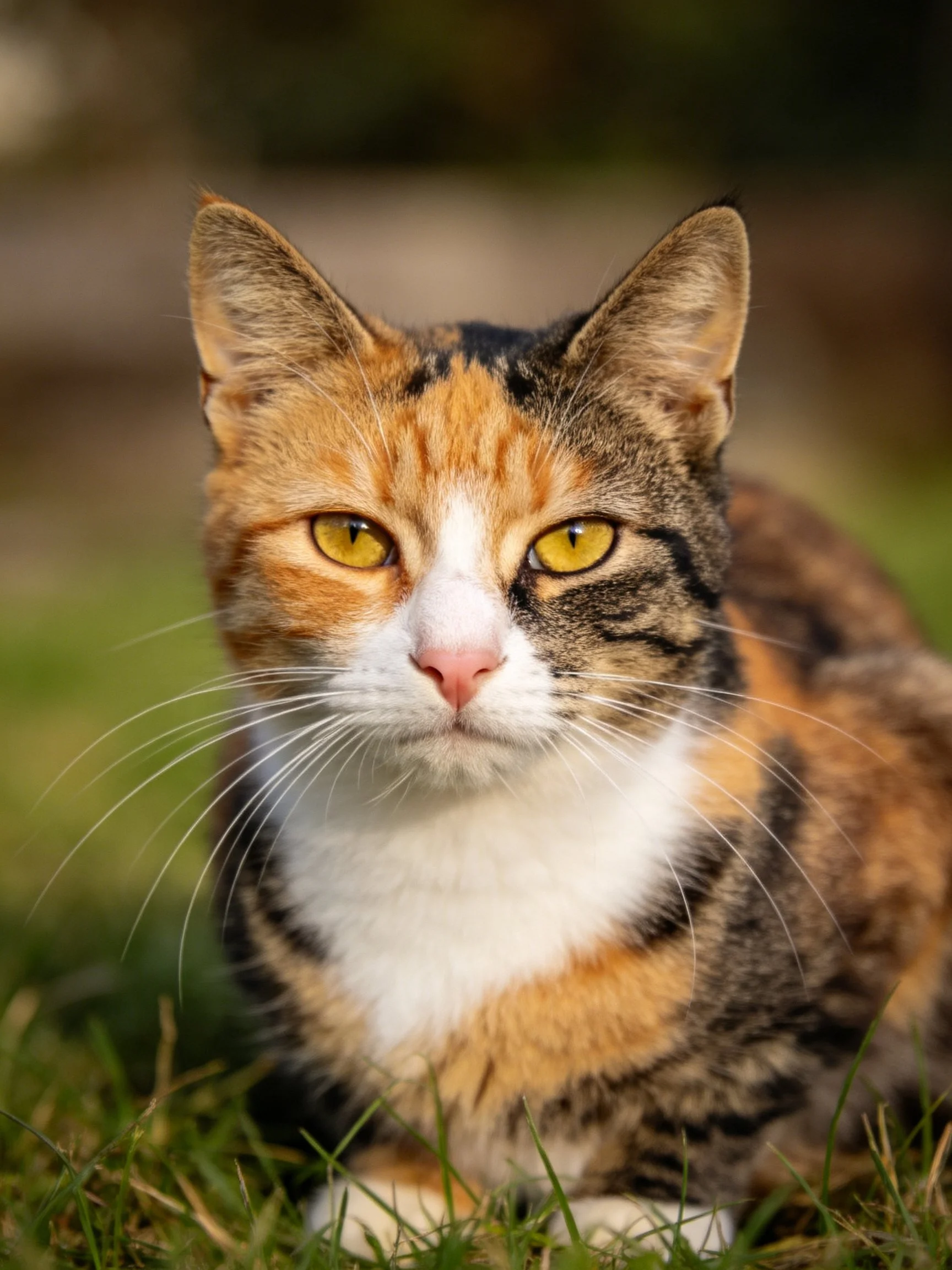 A multicolored calico cat rests calmly on green grass outdoors.