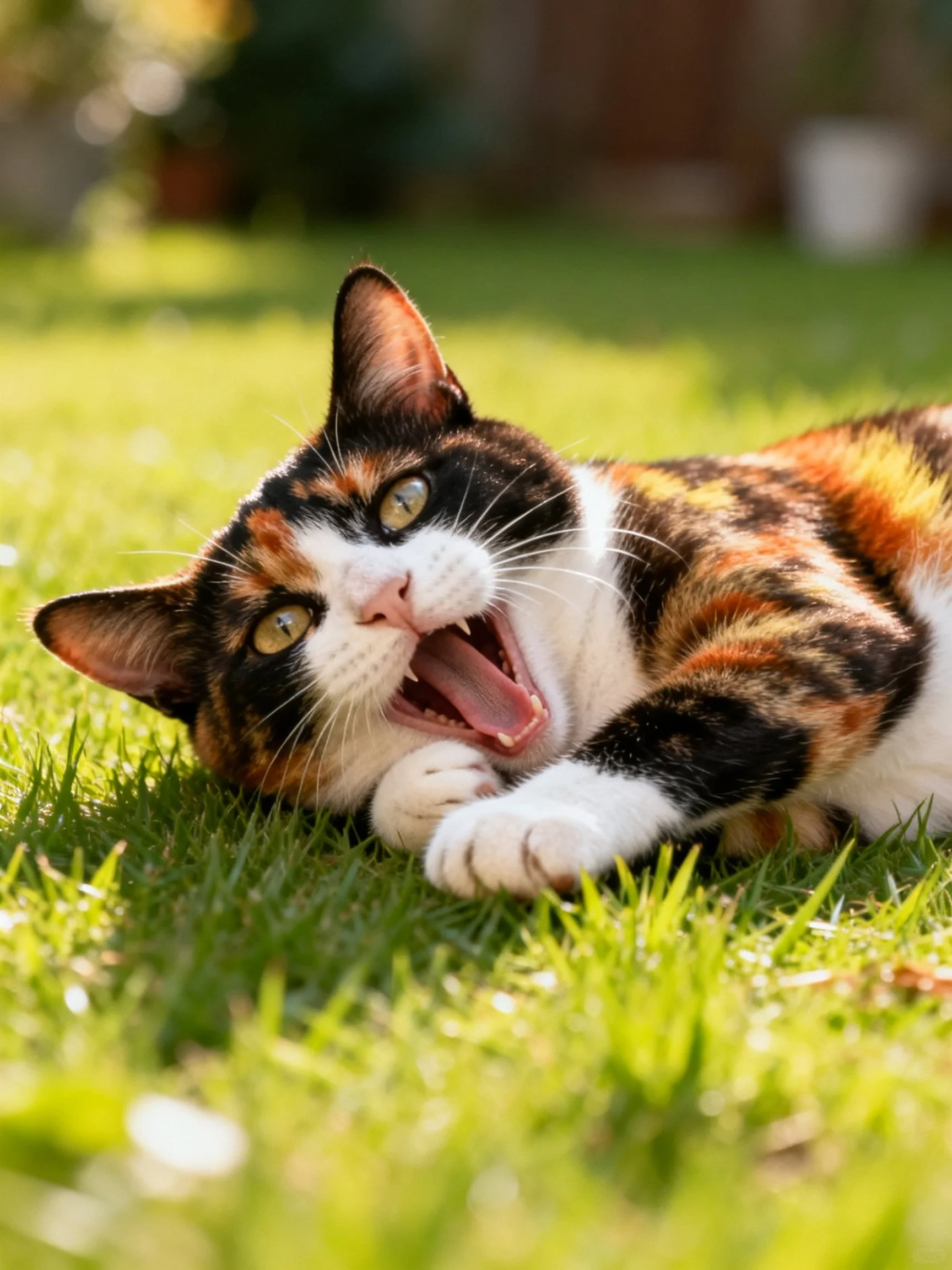A multicolored calico cat yawning on bright green grass