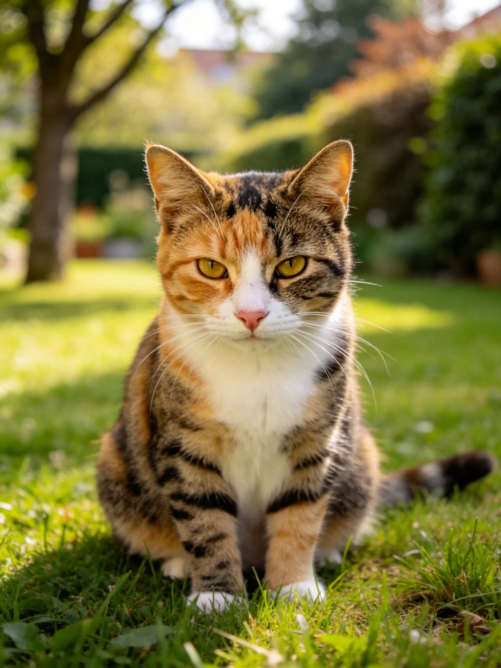 A multicolored cat sits on grass in a sunlit garden