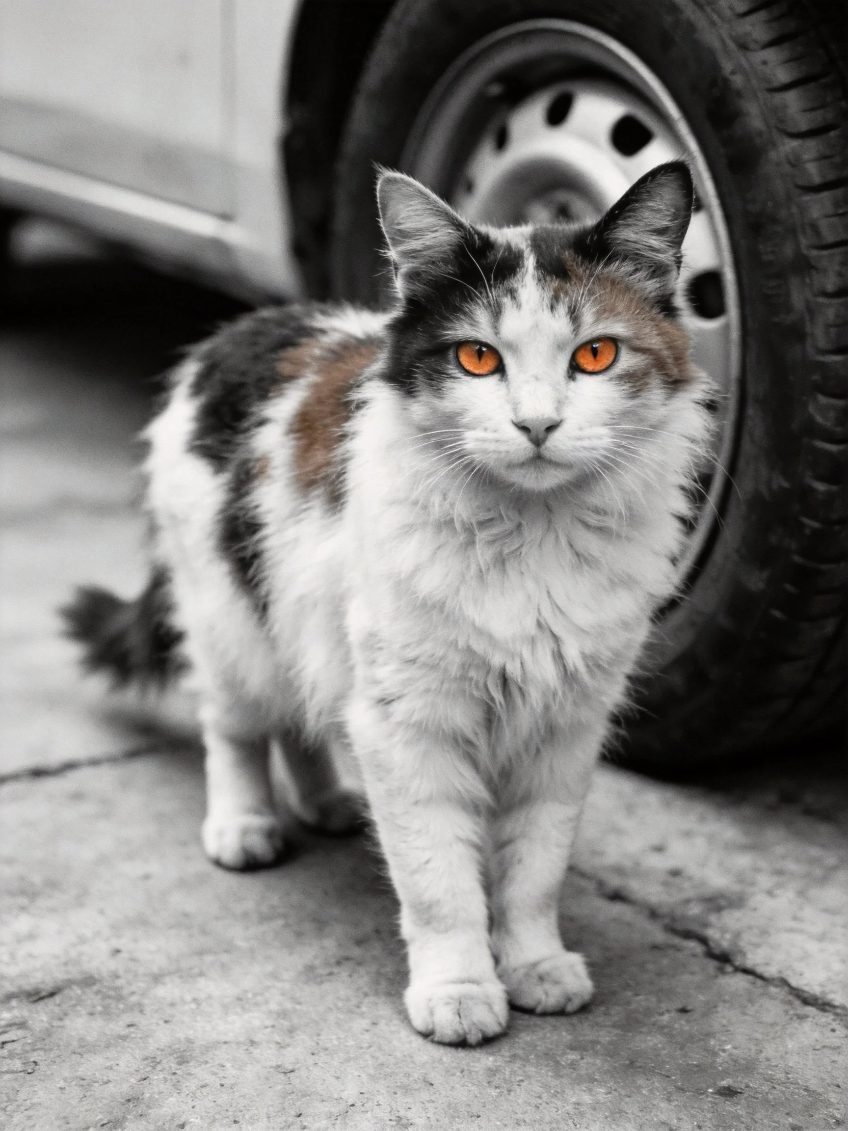 A multicolored cat with striking orange eyes stands near a car tire.