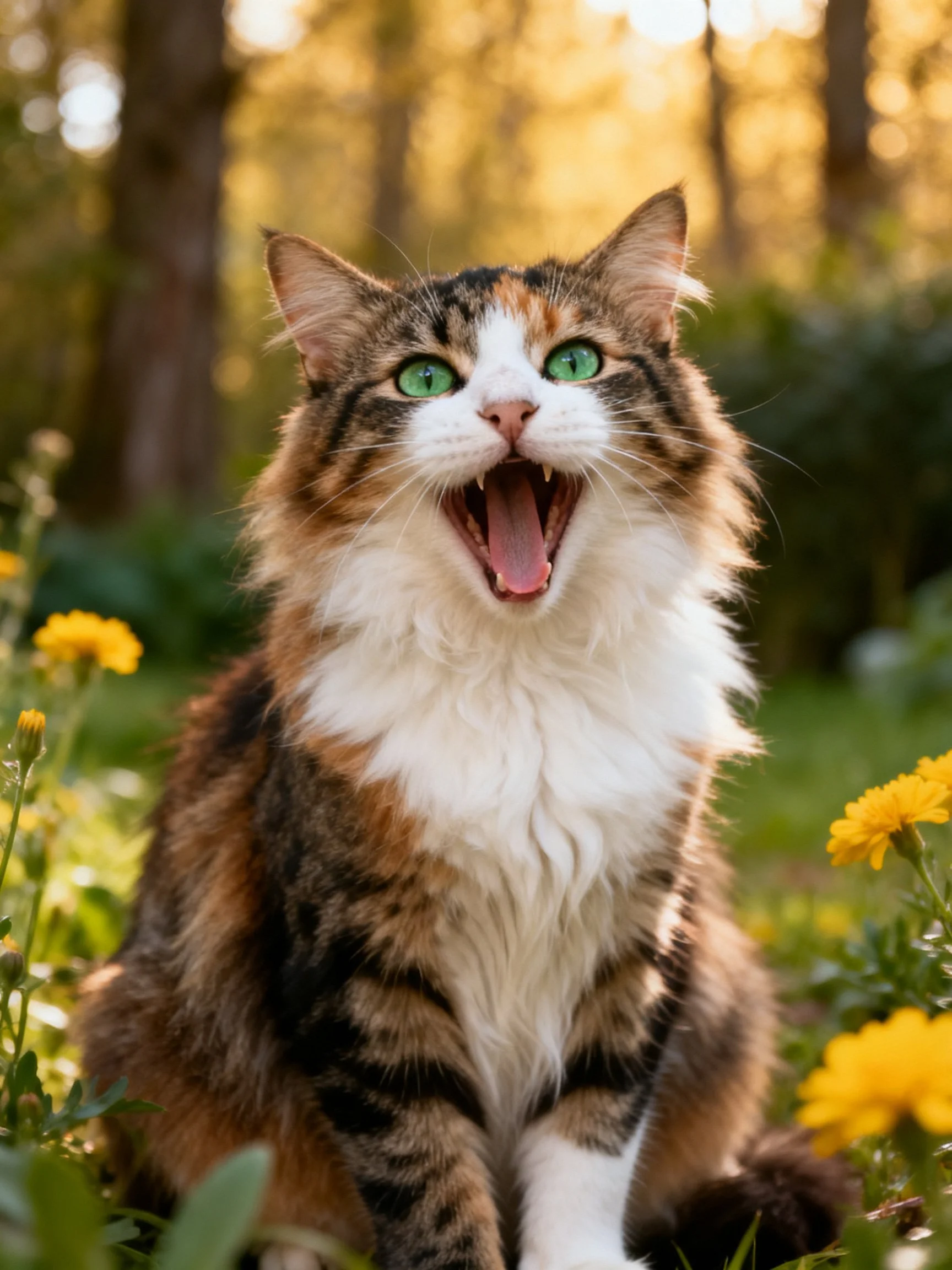 A multicolored cat with green eyes yawns among yellow flowers in a forested area.