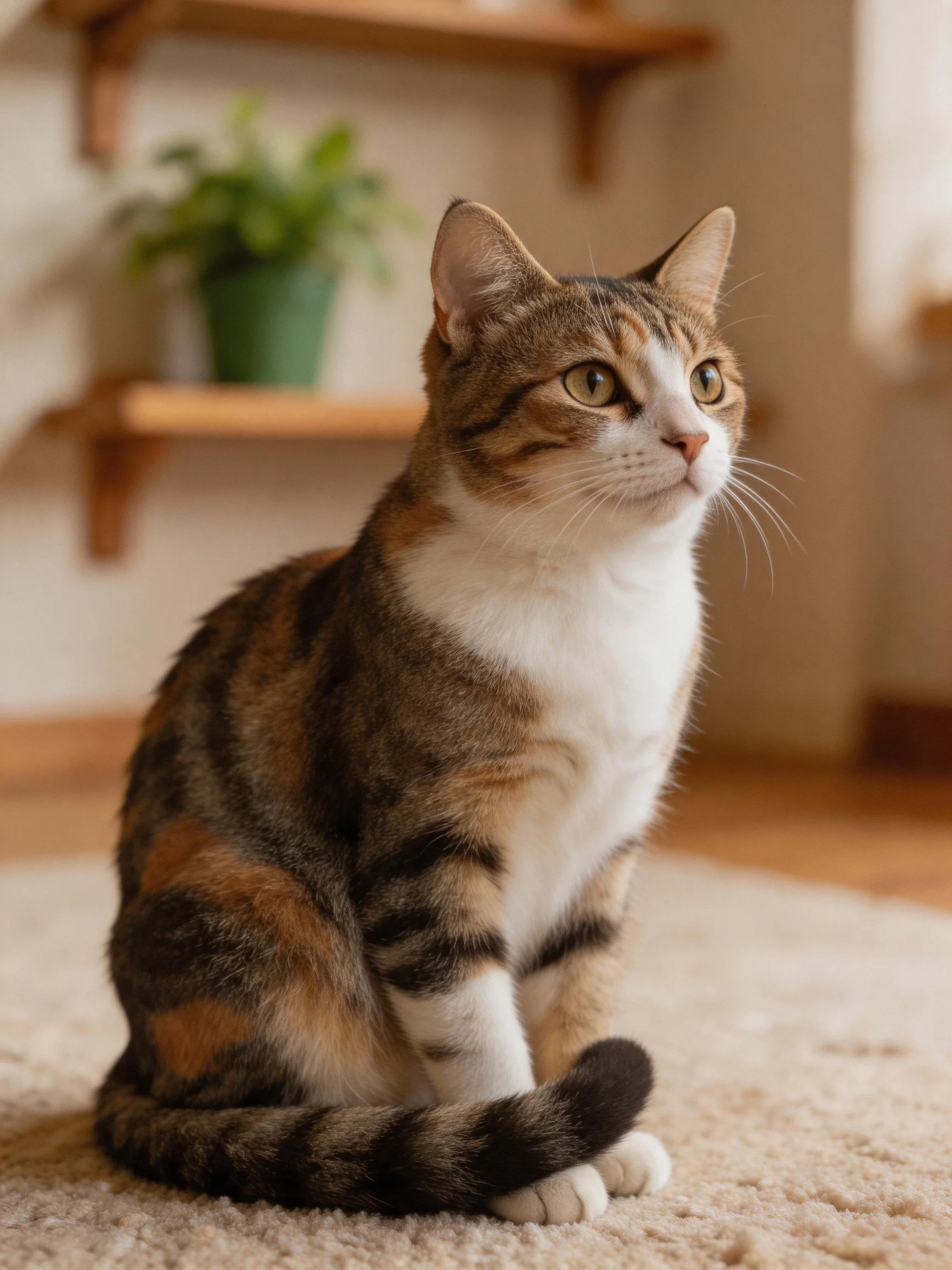 A multicolored tabby cat sits attentively on a carpet in a cozy room.