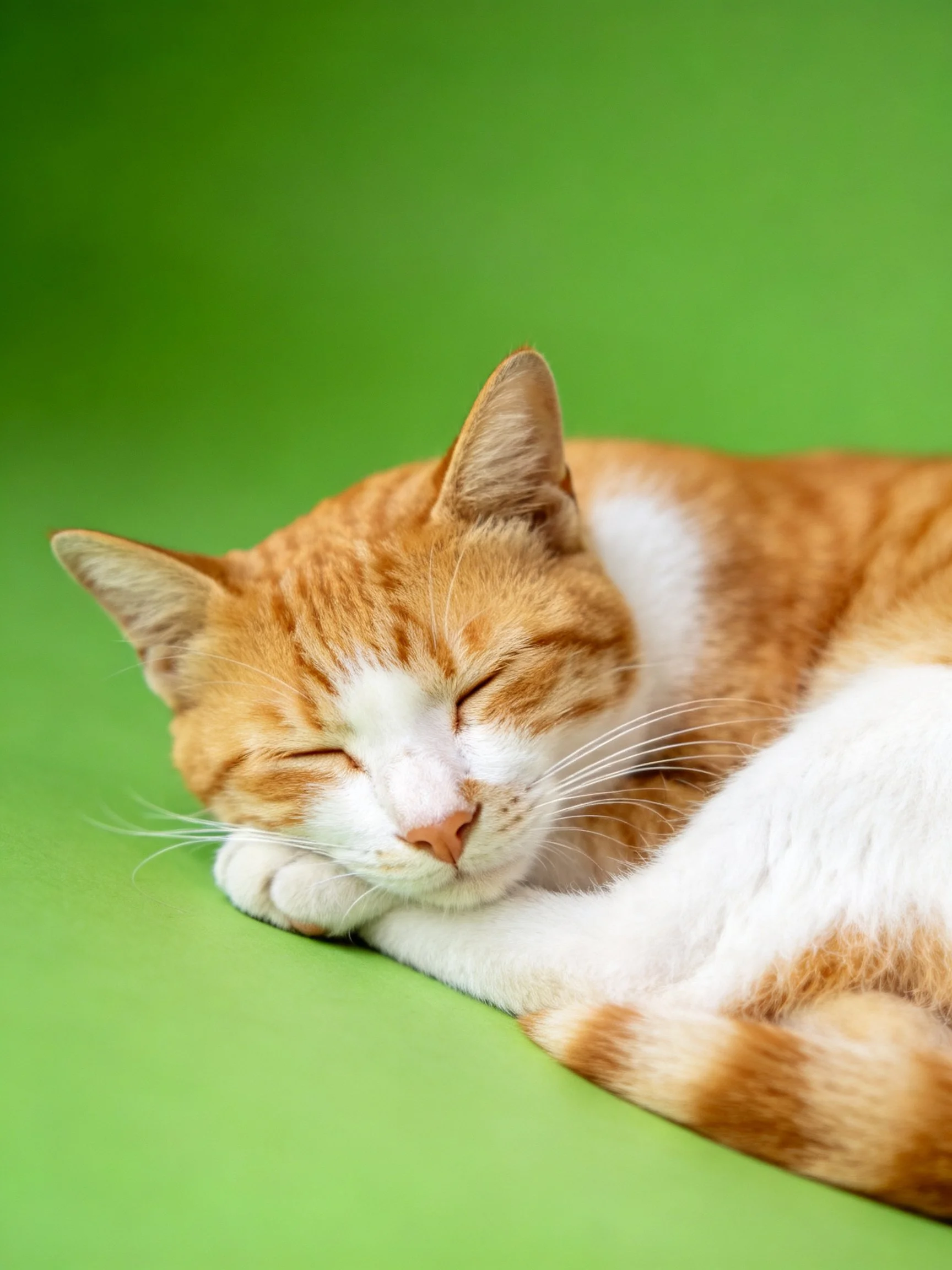 An orange and white cat rests quietly on a bright green surface