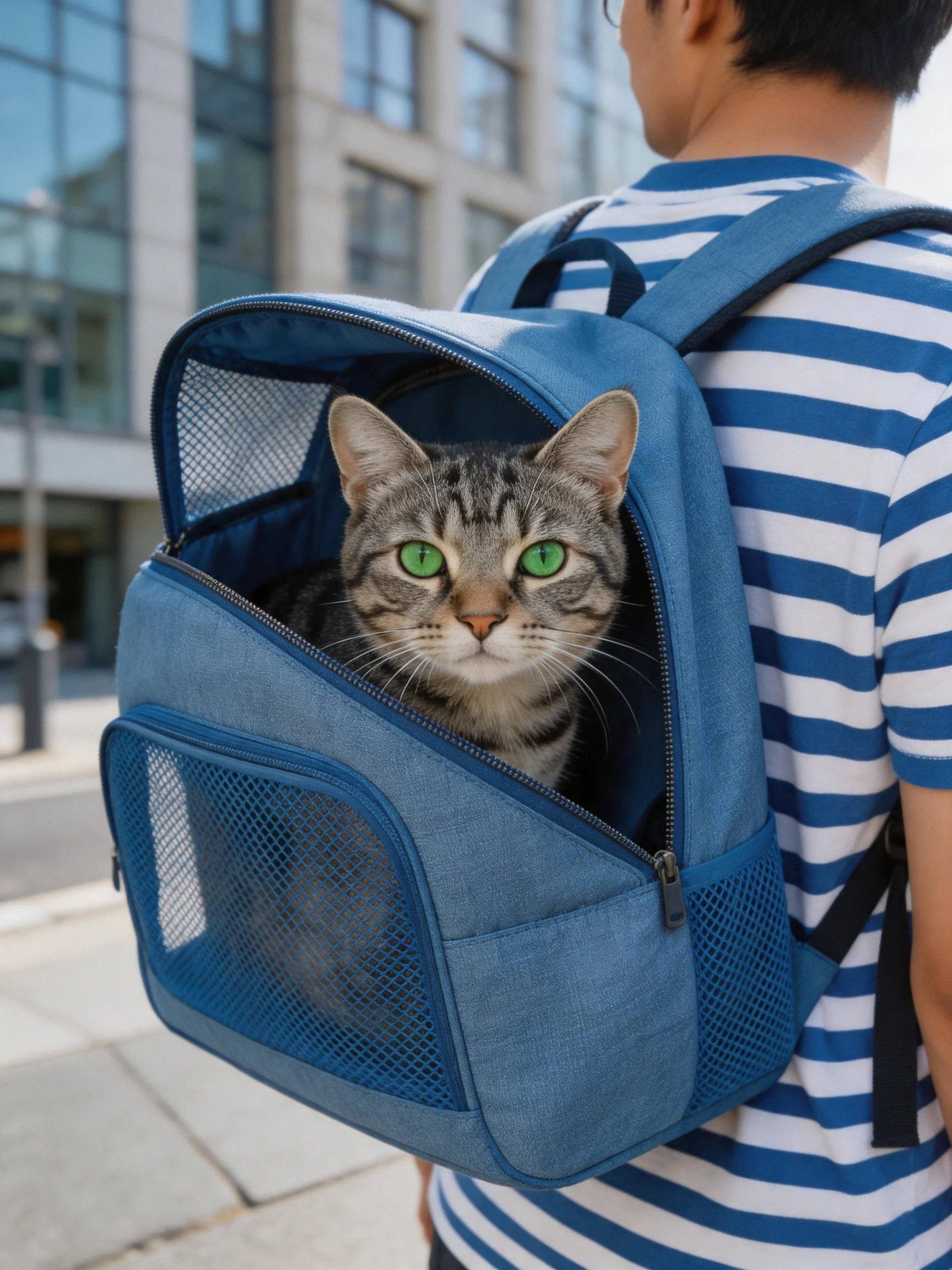 A person carries a tabby cat with bright green eyes in a blue pet backpack