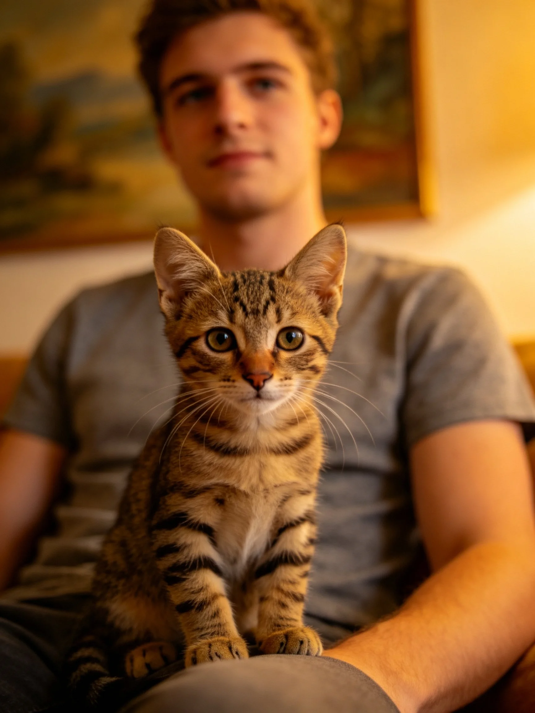 A person holding a tabby kitten in a warmly lit interior