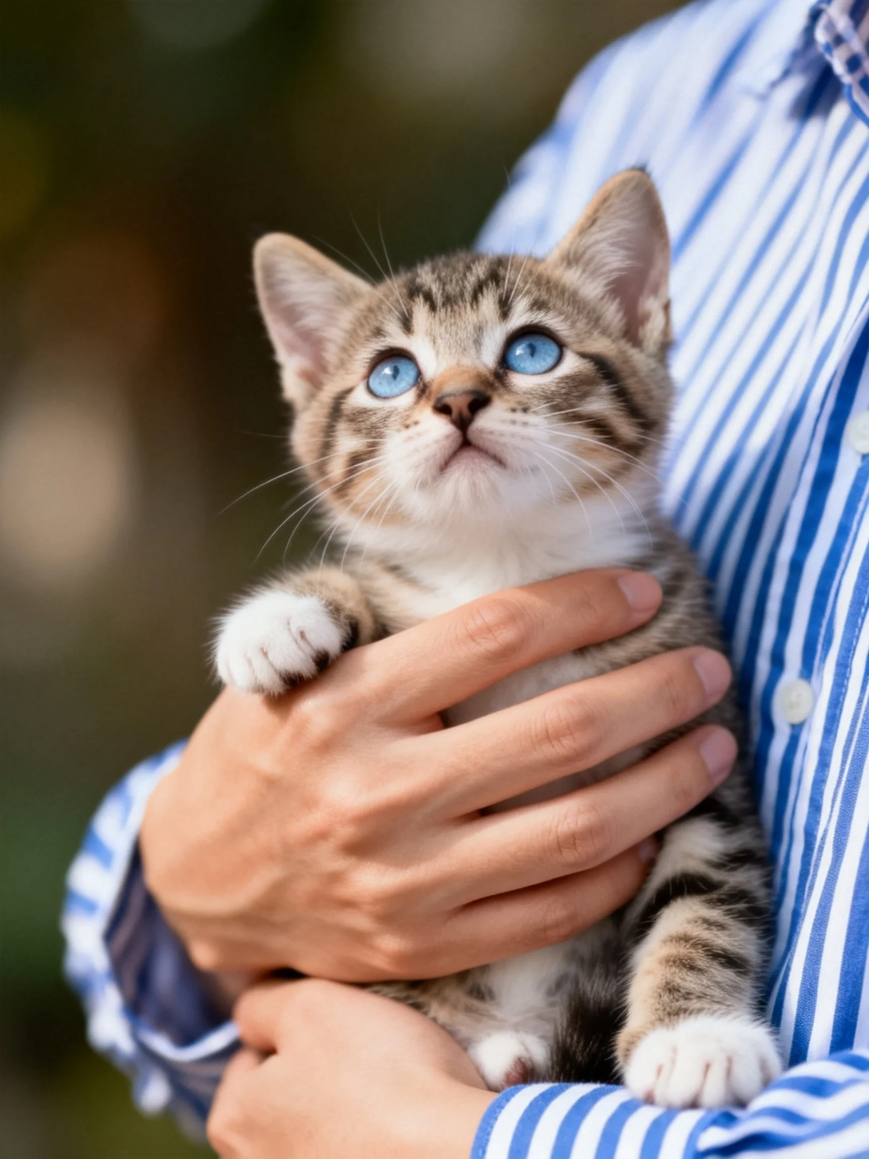 A person holds a small tabby kitten with bright blue eyes