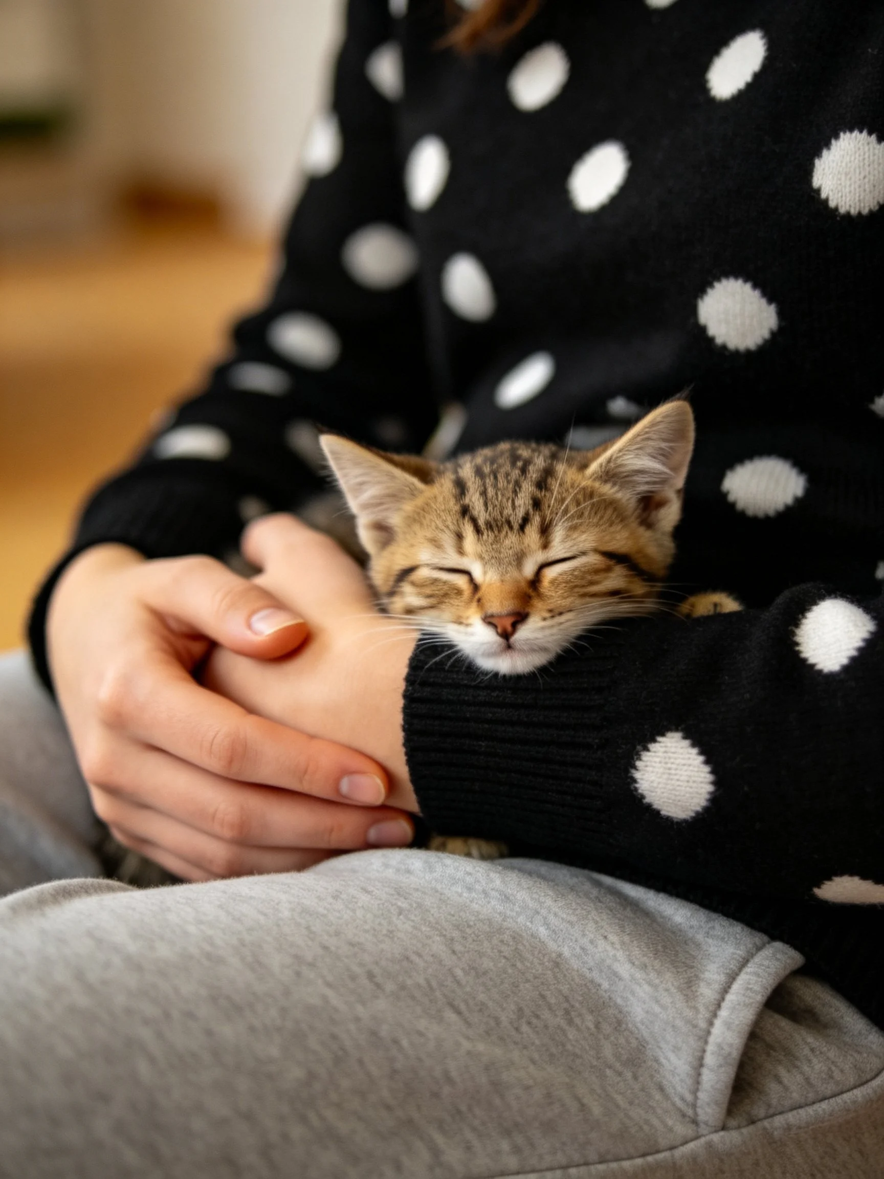 A person in a black polka dot sweater holds a sleeping tabby kitten