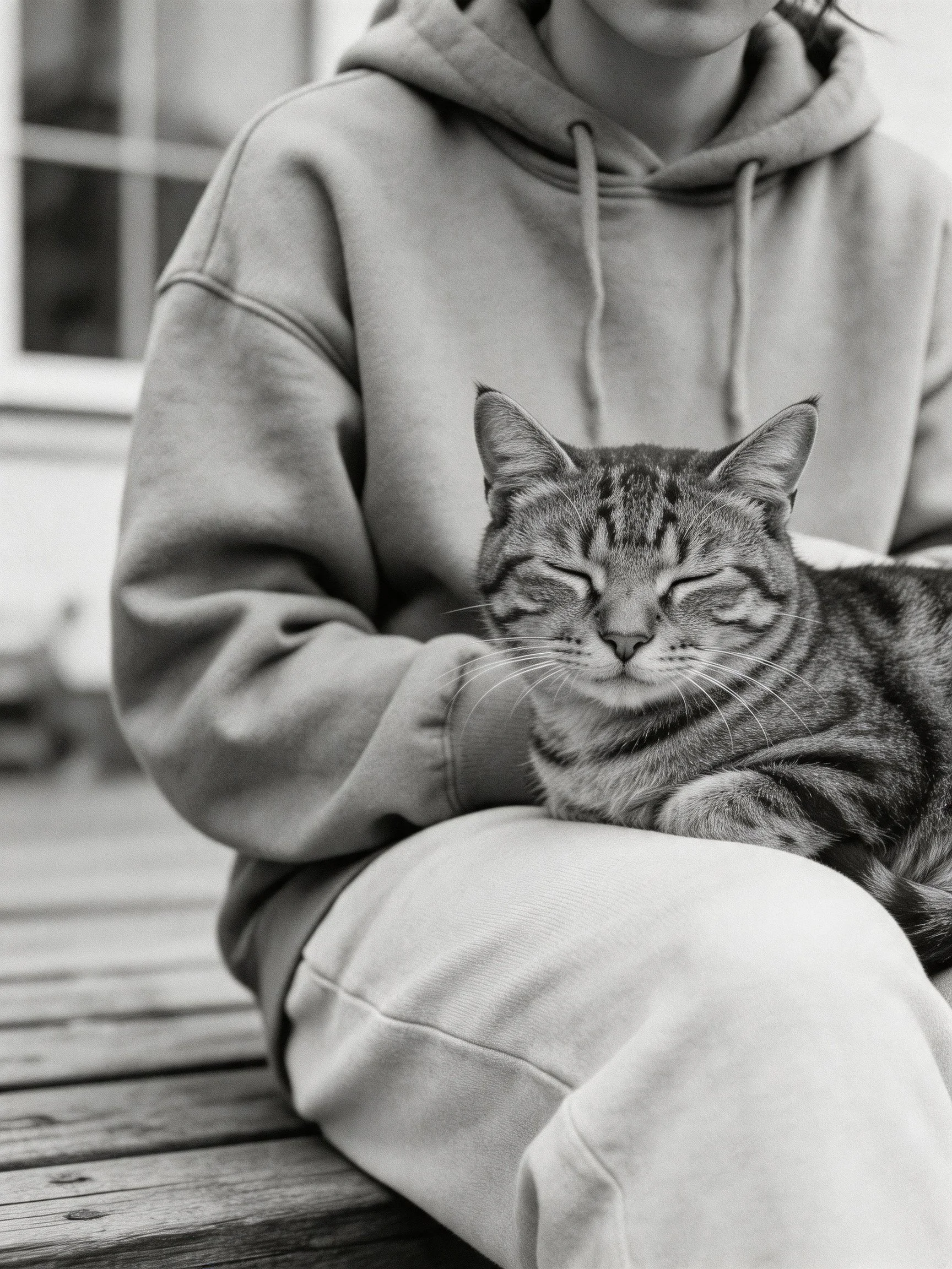 A person in a gray hoodie holding a relaxed tabby cat outdoors