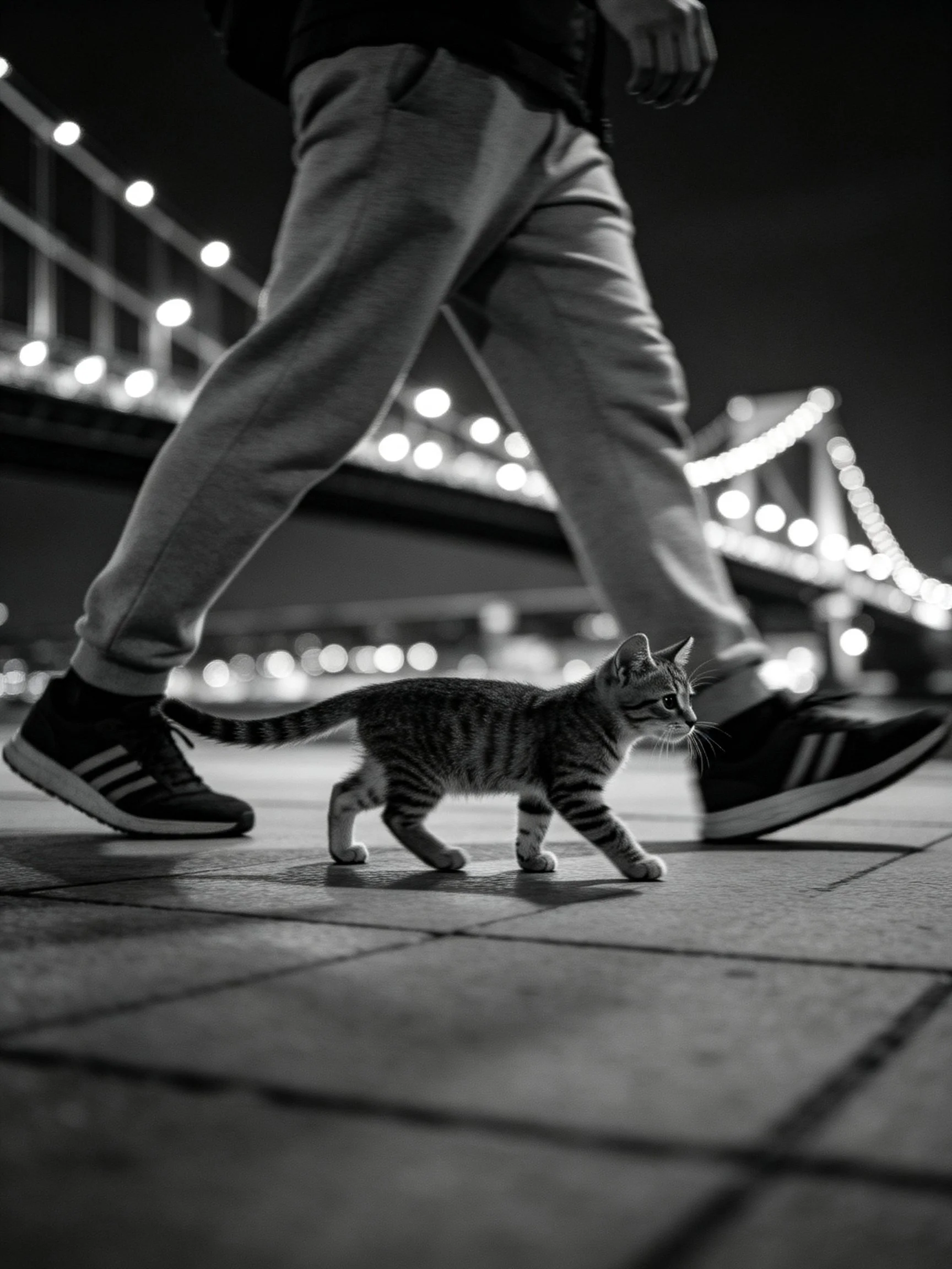 A person walks past a small tabby kitten on a paved area near a brightly lit bridge.