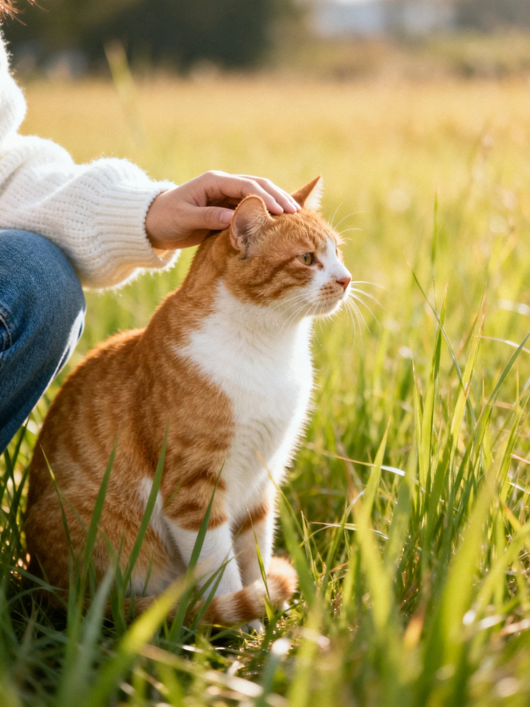 A person pets an orange-and-white cat in a sunlit meadow