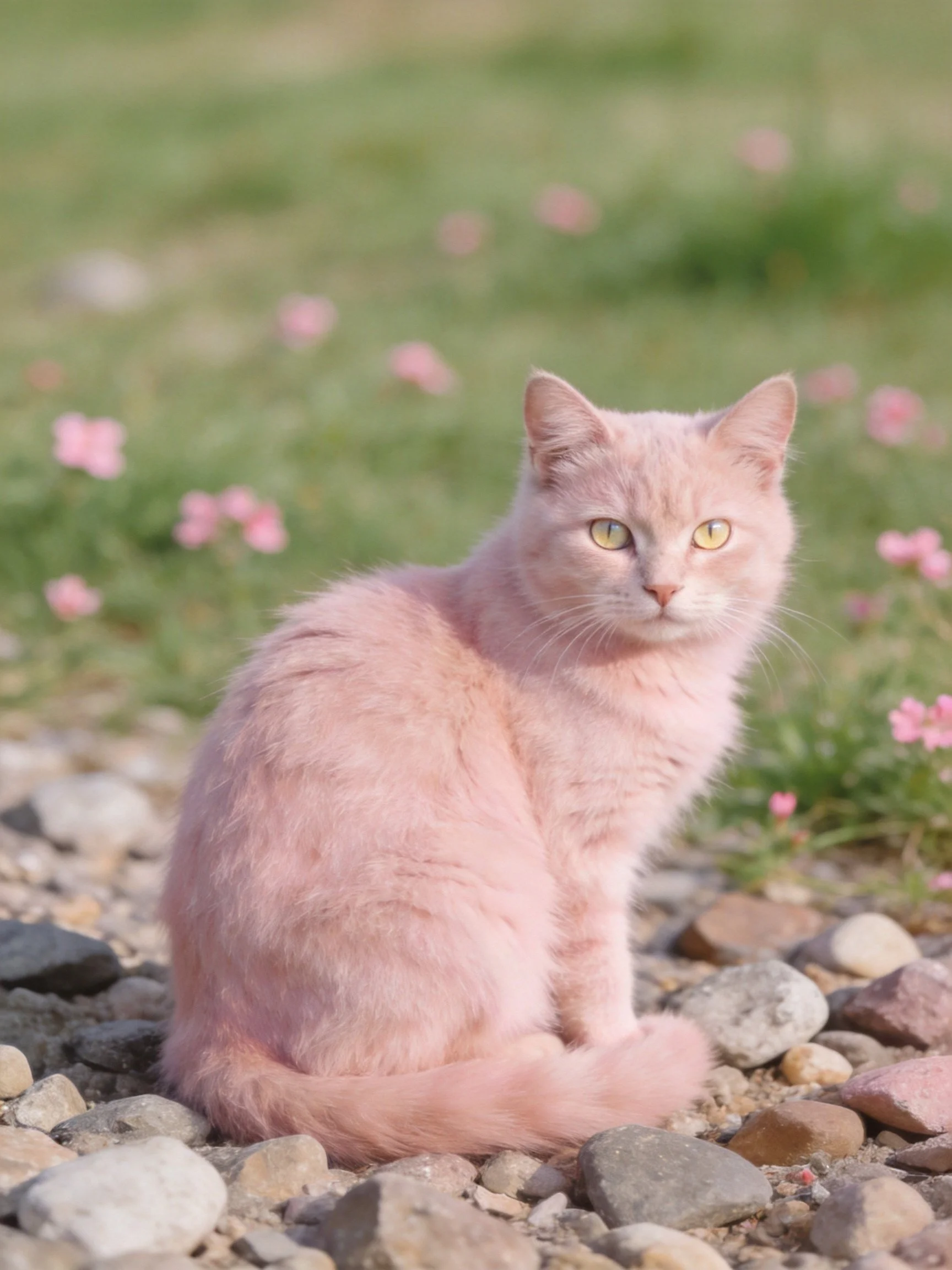 A pink cat sits on pebbles among flowers and grass