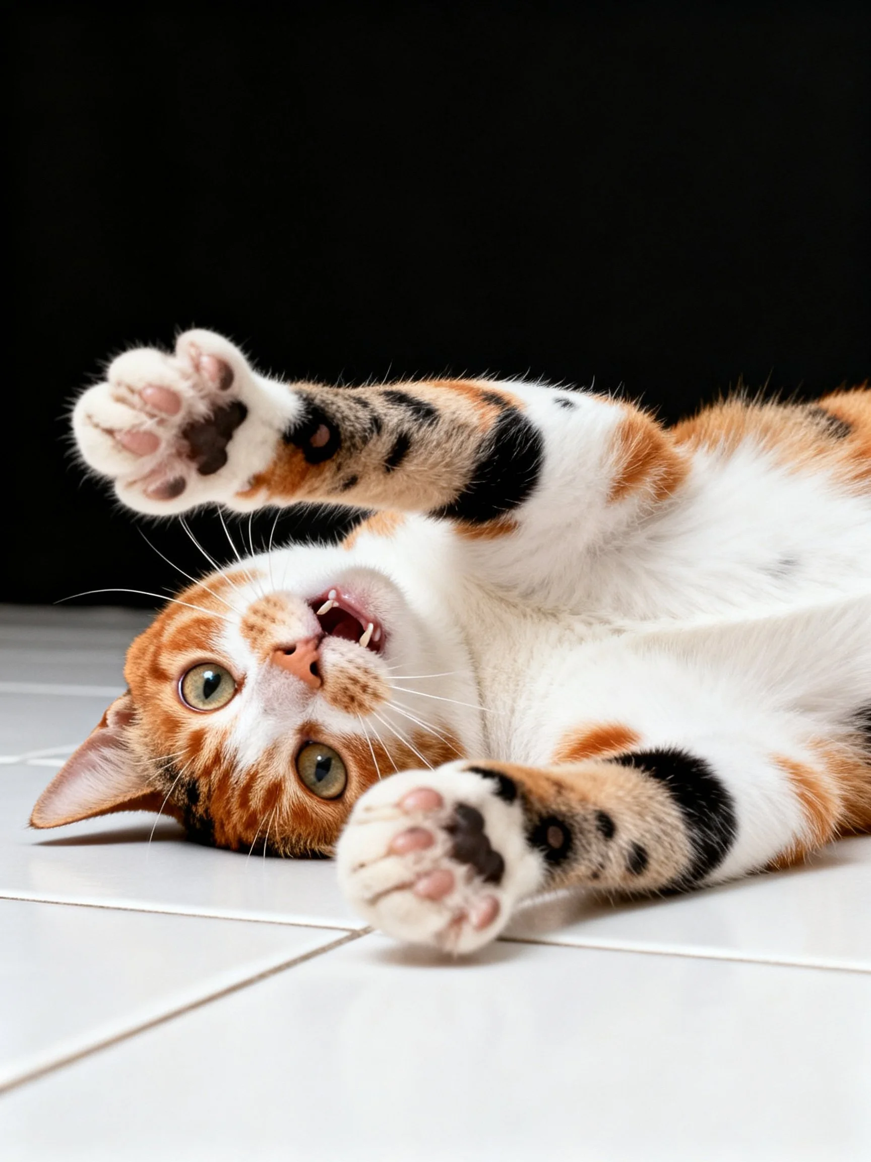 A playful calico cat rolling on its back on a tiled floor