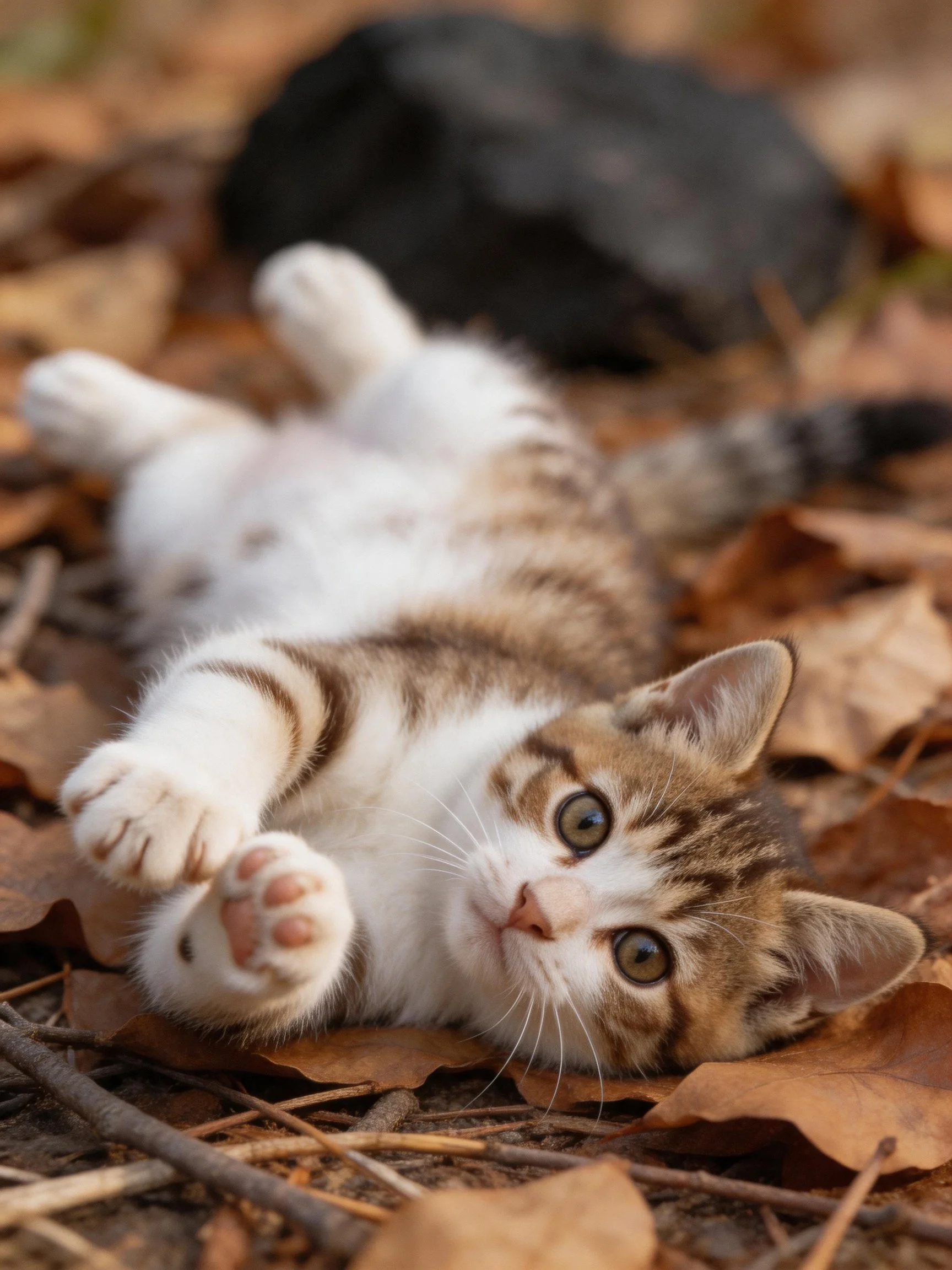 A playful calico kitten lies among autumn leaves