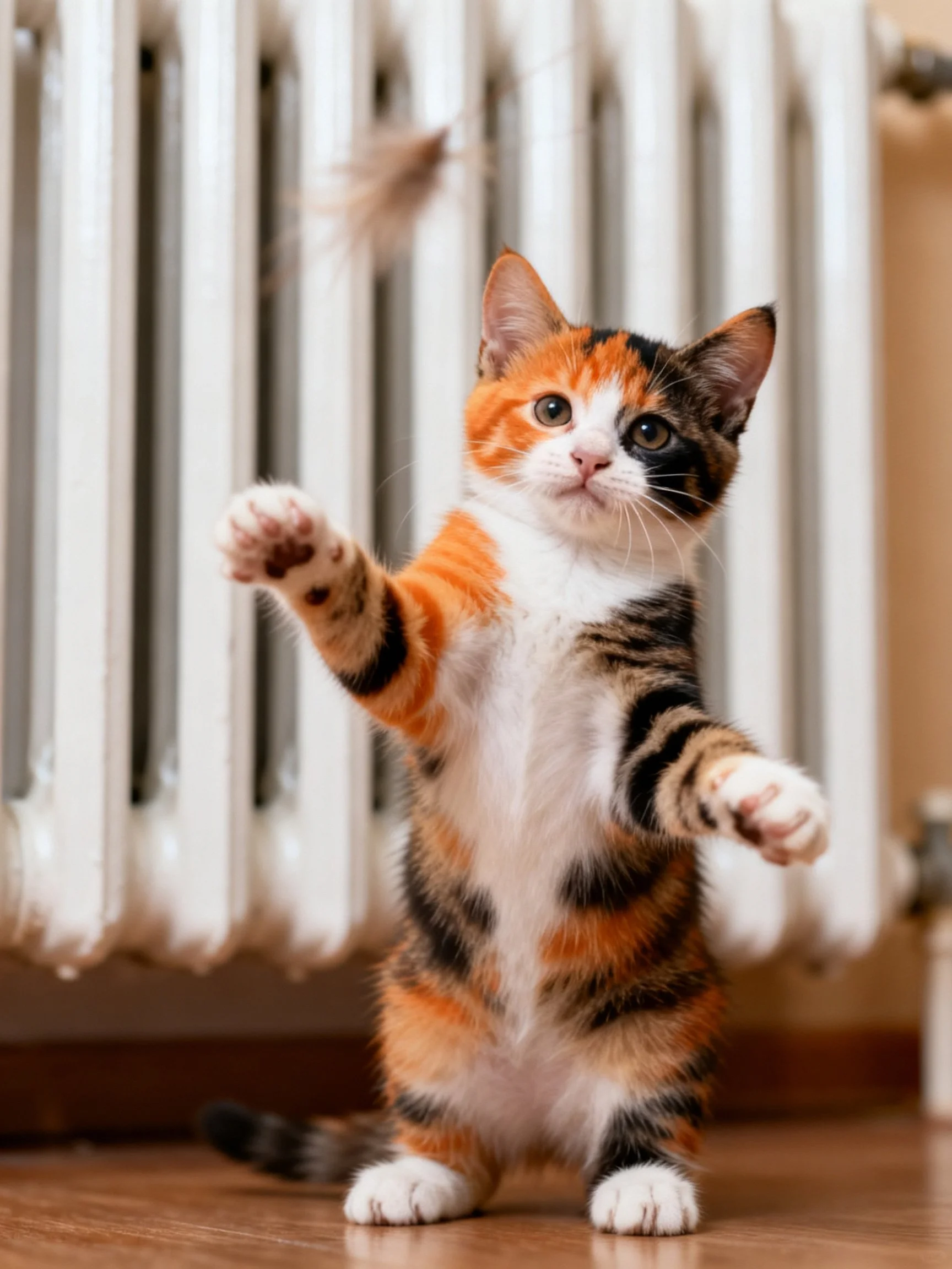 A playful calico kitten reaching for a feather by a white radiator