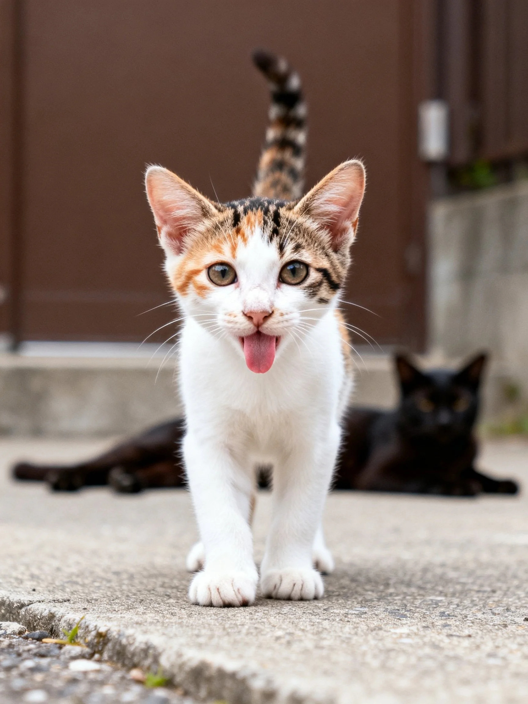 A playful calico kitten walks forward; a black cat rests behind