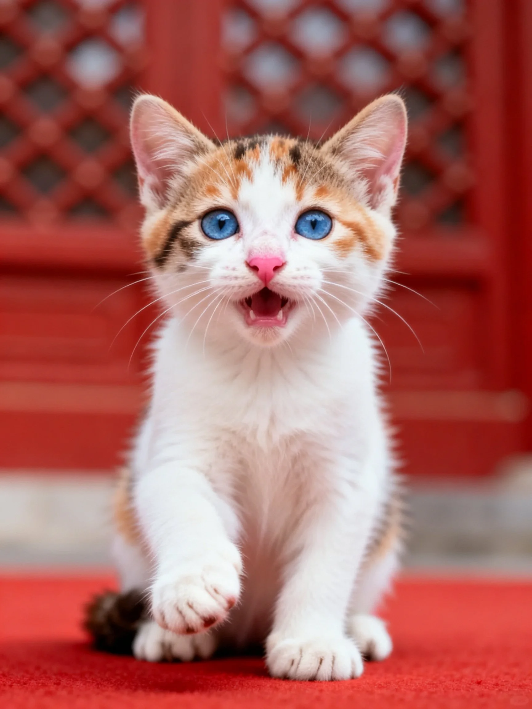 A playful calico kitten with bright blue eyes on red carpet