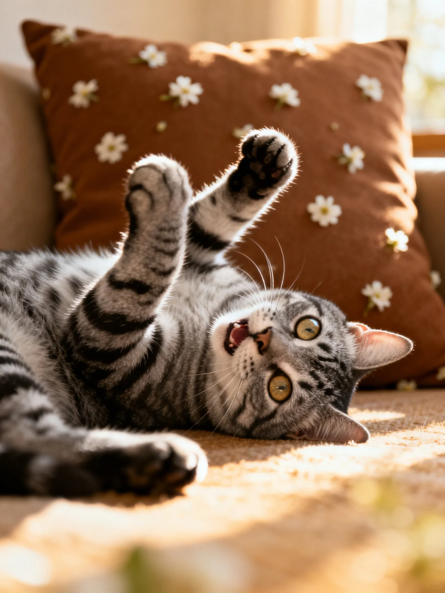 A playful gray tabby cat lies on a couch near a brown floral pillow